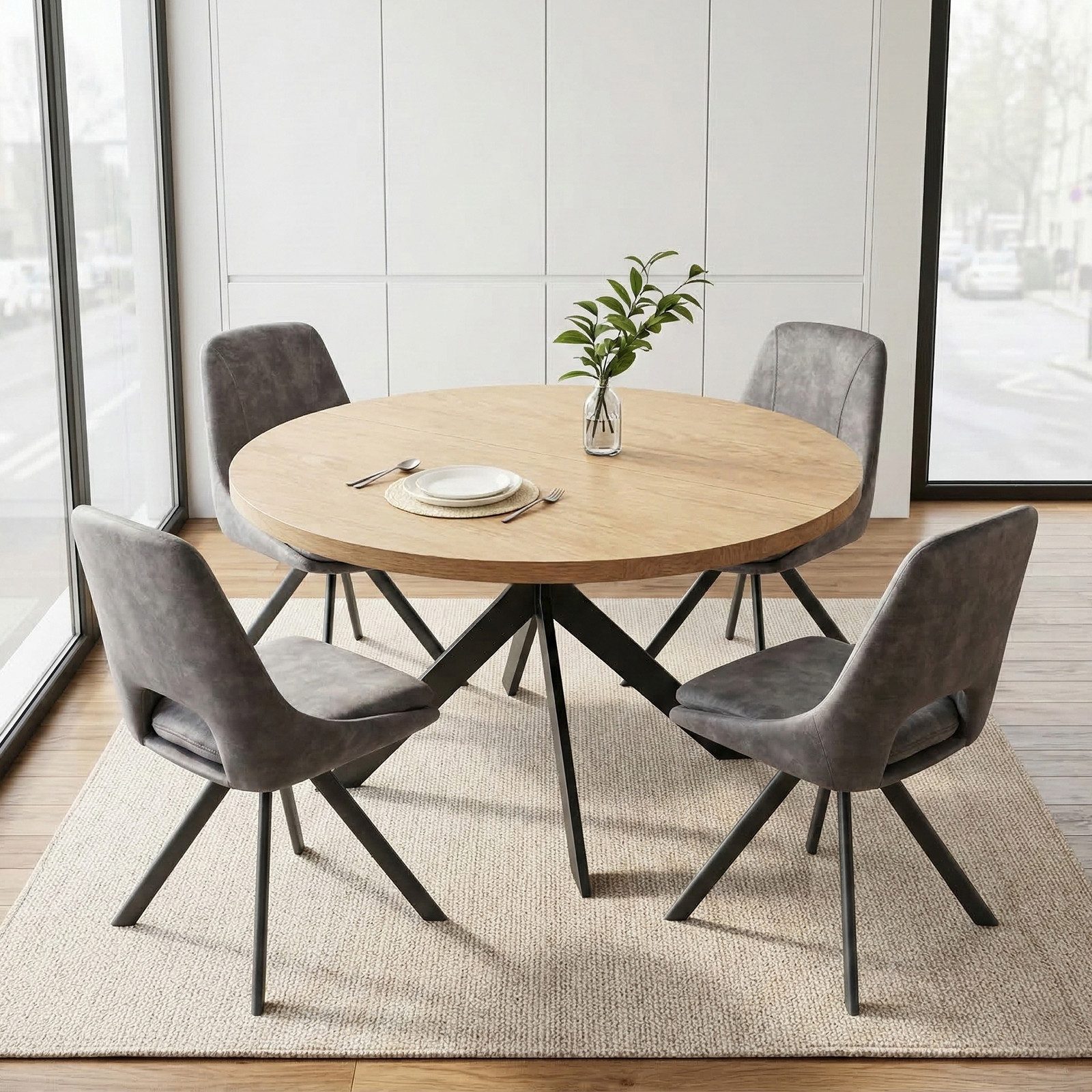 Jiexi Essgruppe Runder Esstisch (115×75 cm) mit 4 Stühlen, MDF-Tisch, Flanellstuhl