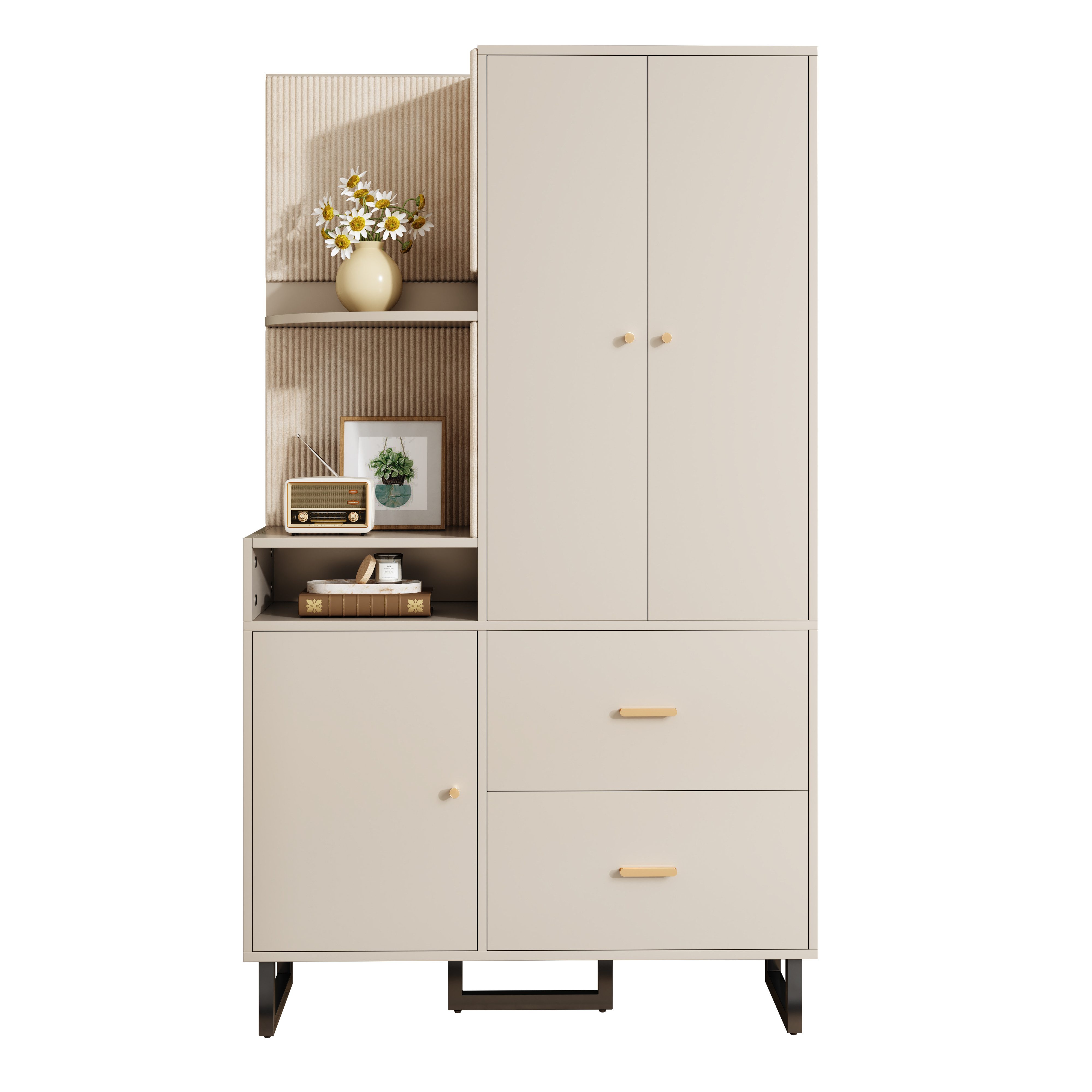 Refined Living Garderoben-Set Kompaktgarderobe, Flurgarderobe, Kleiderschrank & Schuhschrank, (110x186x38 cm, Diele Garderobe mit Soft-Close Türen, offenes Regal & Schubladen, viel Stauraum, Aufbewahrungsschrank, Sideboard, Kommode, Garderobenschrank, mit gepolsterten Paneelen, ausziehbare Kleiderstange, 1-St., Hochwertig & leise, Soft-Touch Stoffpaneele, Vielseitiger Stauraum), für Flur,Eingangsbereich,Schlafzimmer,Wohnung,Wohnzimmer,Familien