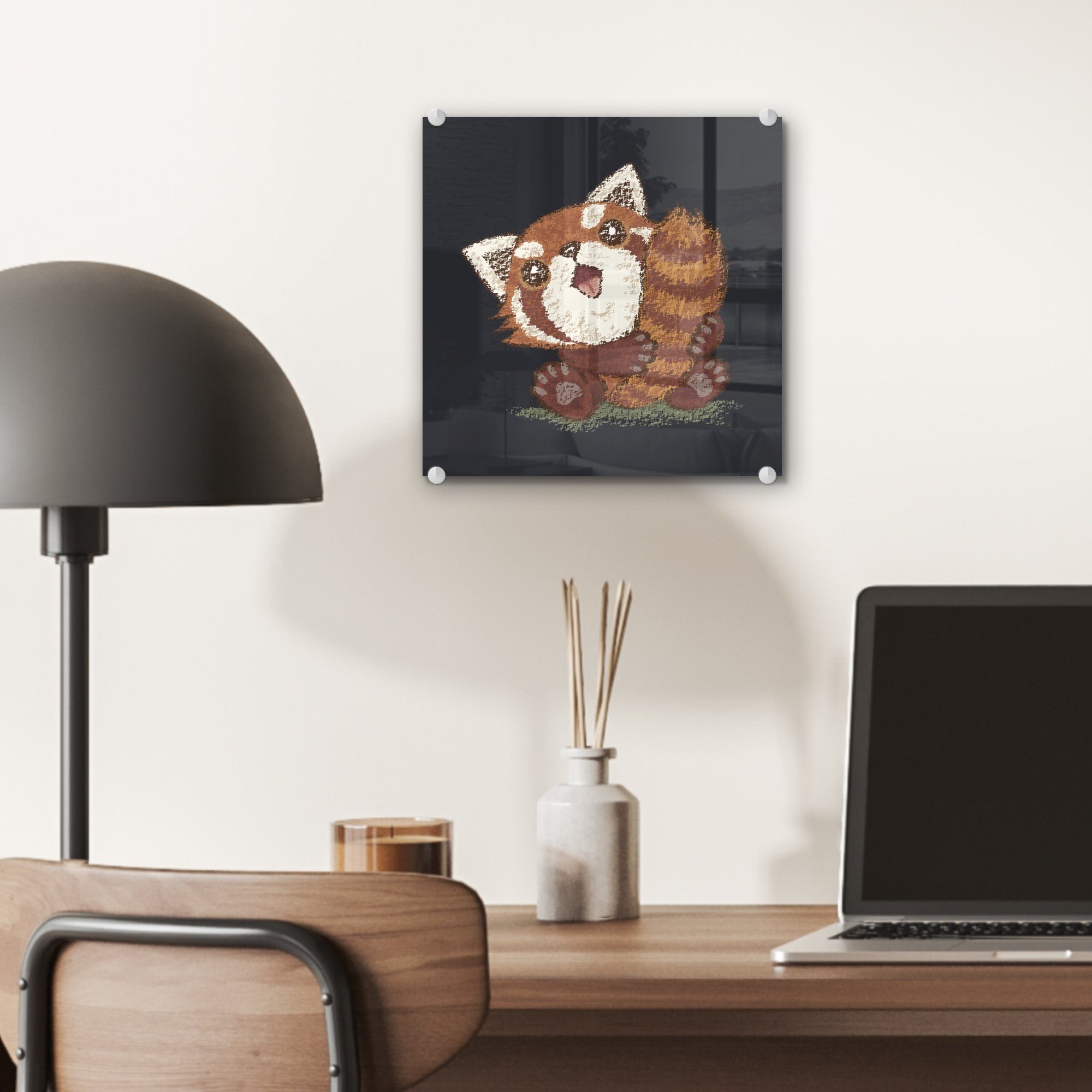 Glasbilder - Wanddekoration (1 Glas Schwanz, Illustration auf MuchoWow eines roten mit Glas Bilder Pandas seinem Acrylglasbild Foto - auf - St), Wandbild