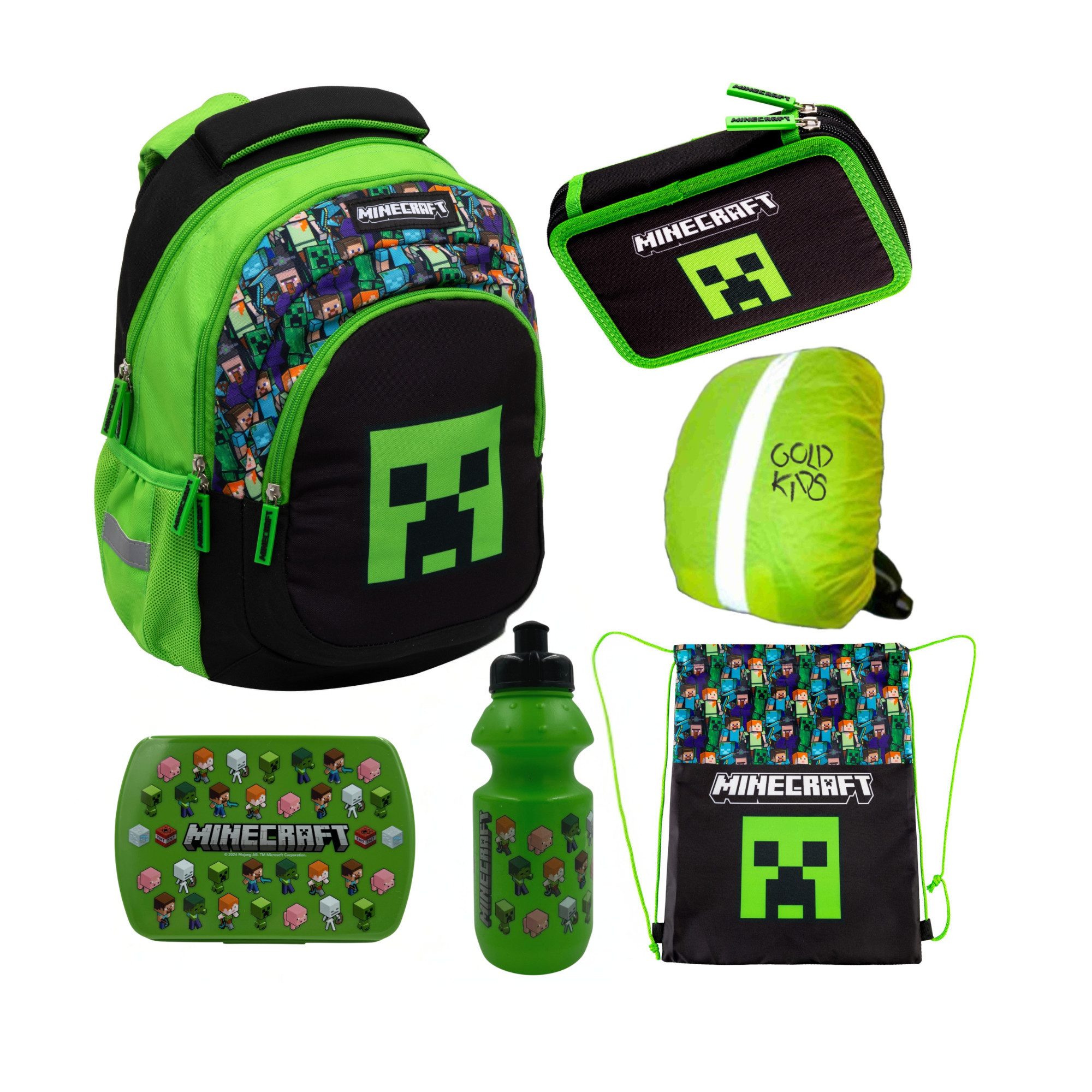 GOLDKIDS Schulranzen für Jungen und Mädchen, 6er-Set - (Schul-Rucksack für Kinder mit Federmäppchen, 1-tlg., - Trinkflasche und Brotdose -Regenschutz), - Minecraft Motiv