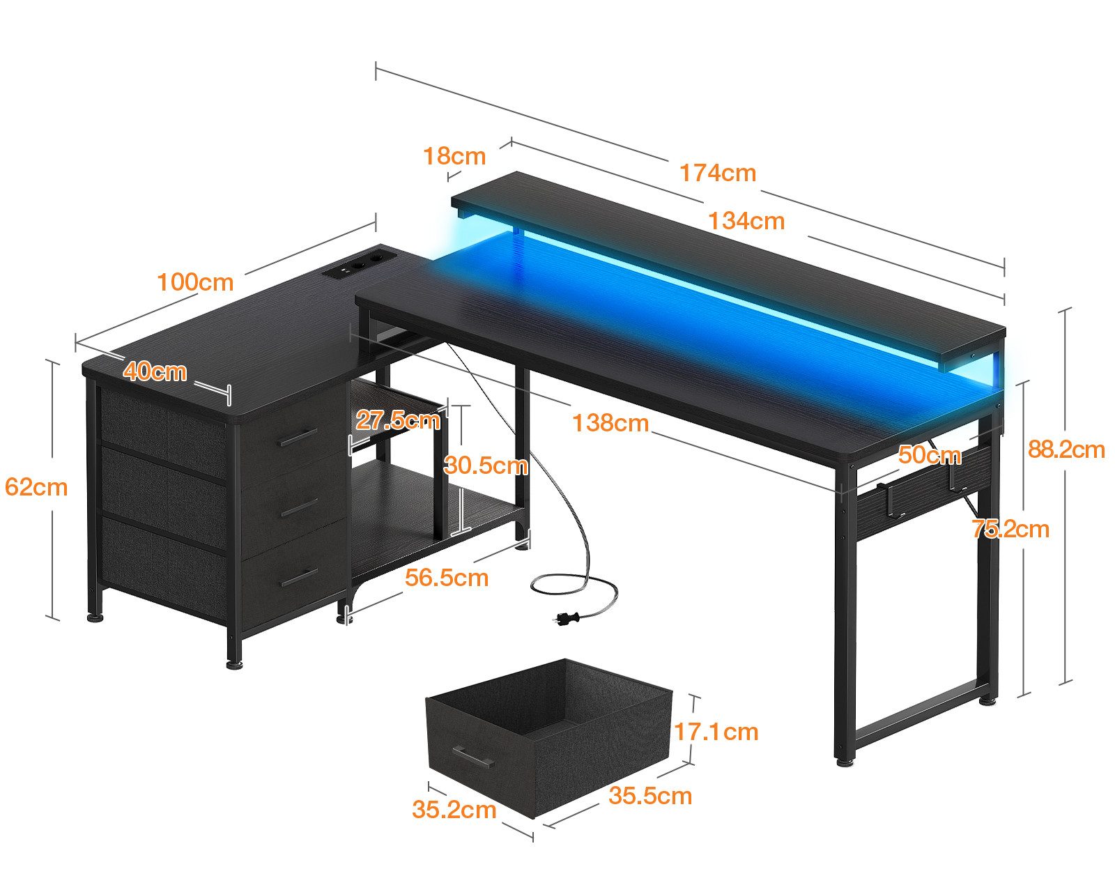 ODK Schreibtisch L Form mit Schubladen, Umkehrbar Eckschreibtisch mit LED günstig online kaufen