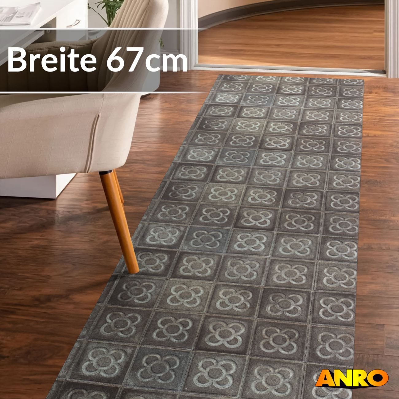 ANRO Küchenläufer abwaschbar Barcelona LADY Läufer pflegeleicht Küchenteppich, Rechteckig, Höhe: 3 mm, robust schmutzabweisend 67x100cm Vintage Grau robust