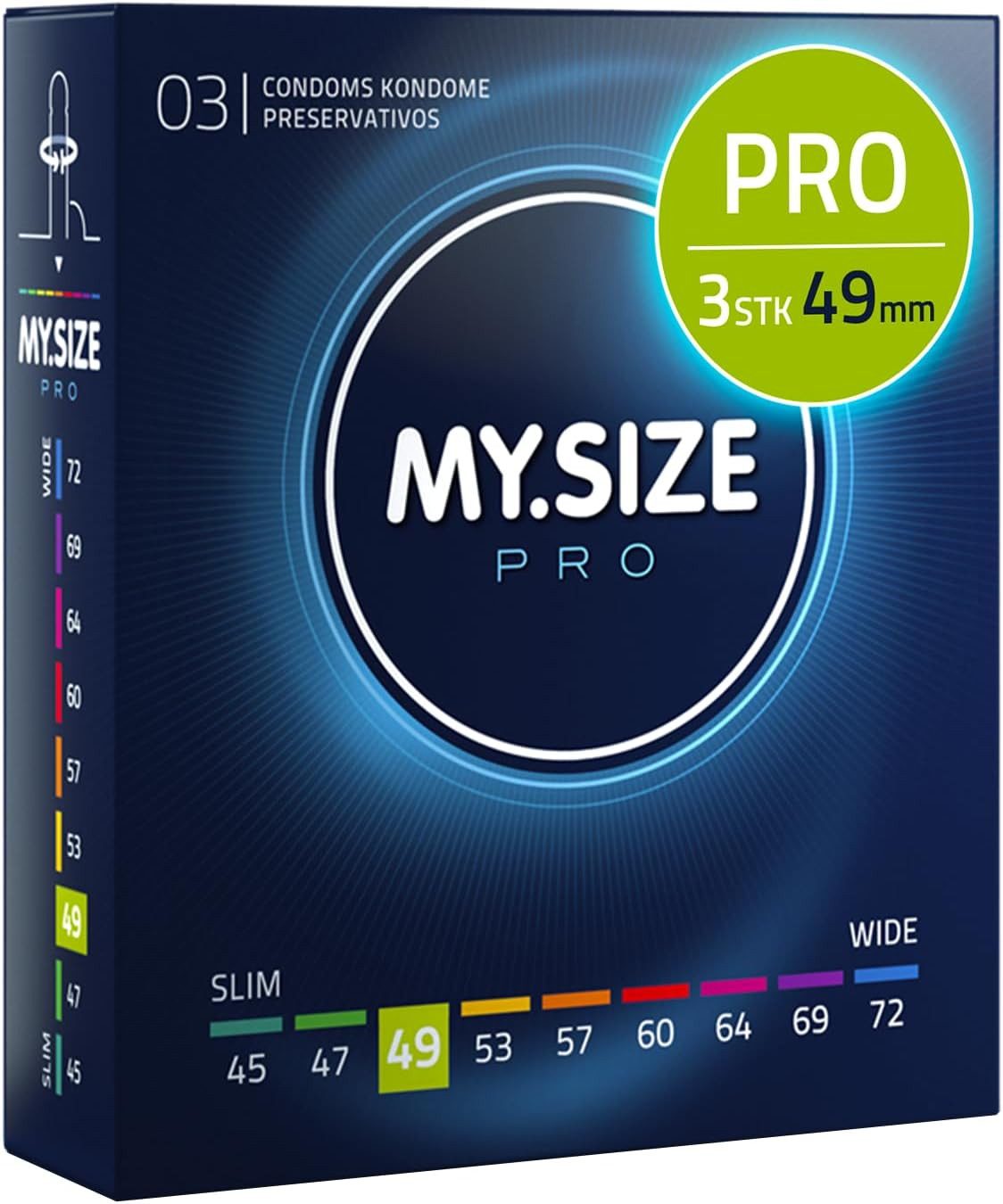 MY.SIZE Kondome PRO ELITE Kondome, 9 Größen, 45-72 mm, Schlank-XXXXL, Extra reines Vytex-Latex, leicht zu öffnen, hauchdünn 0,05mm