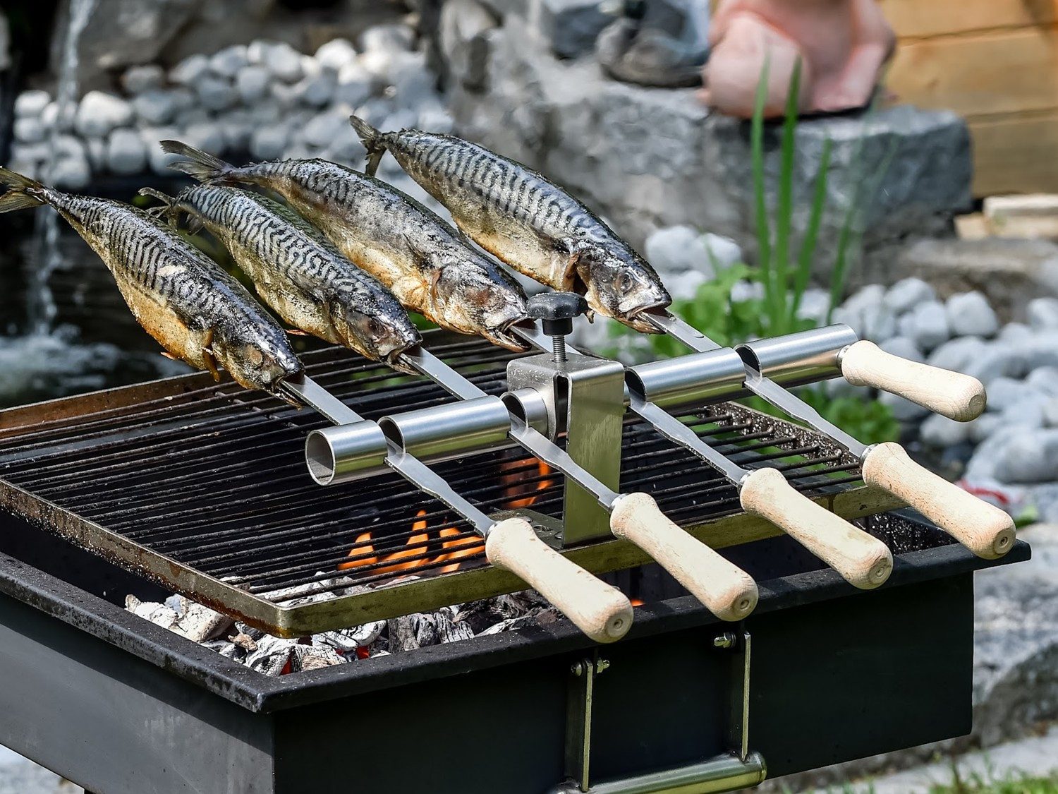 Schilling Fischgrilltechnik Grillguthalter Gasgrill Holzkohlegrill Edelstahlspieße große Roste für Steckerlfisch, Edelstahl & Buche, (Komplettset, Halterung, Spieße, Schrauben, Griffe, Anleitung + Probegewürz), Stabiler Grillrost Steckerlfischhalter - traditionelles Fischgrillen