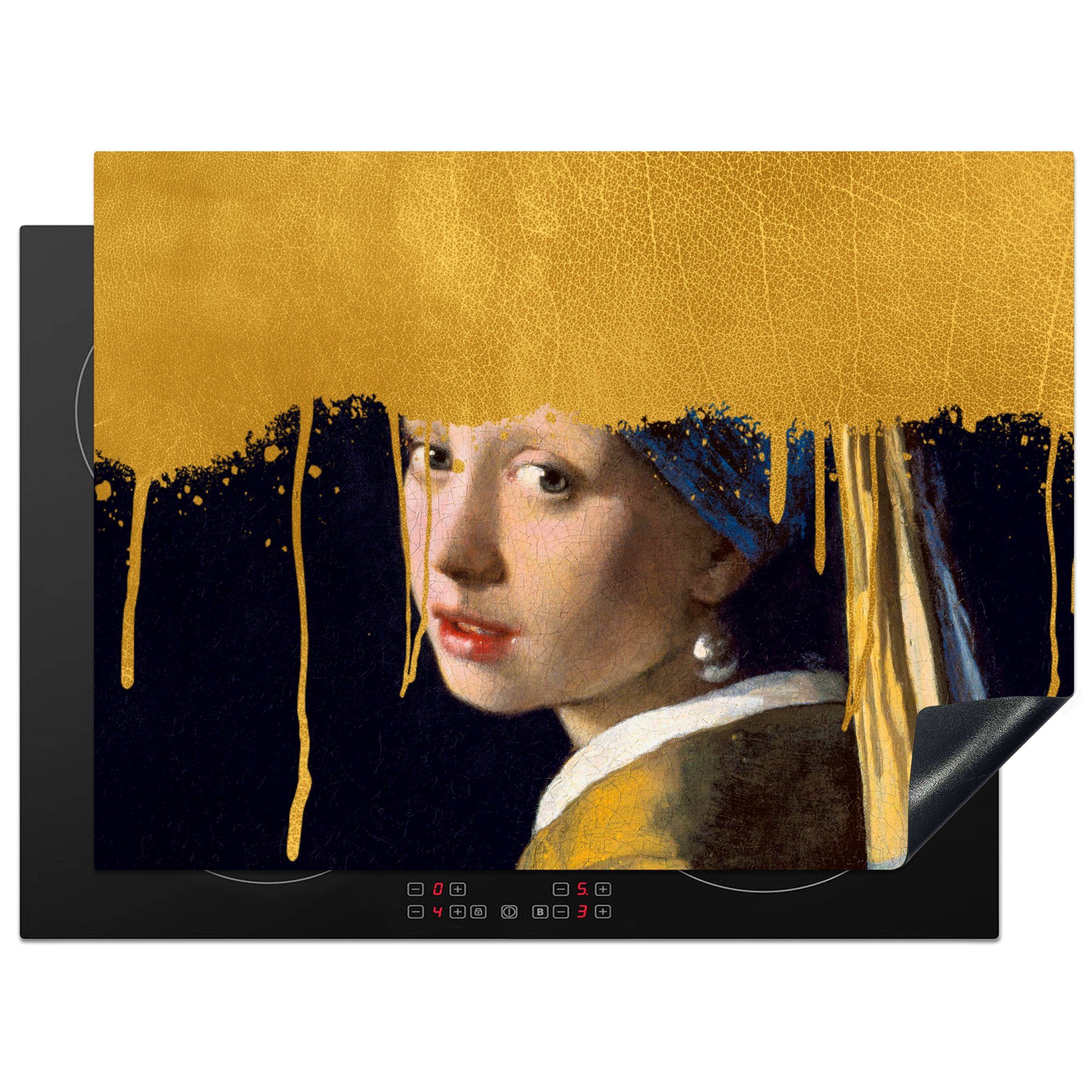 MuchoWow Herdblende-/Abdeckplatte Vermeer - Mädchen mit Perlenohrring - Gold, Vinyl, (1 tlg), 71x52 cm, Induktionskochfeld Schutz für die küche, Ceranfeldabdeckung