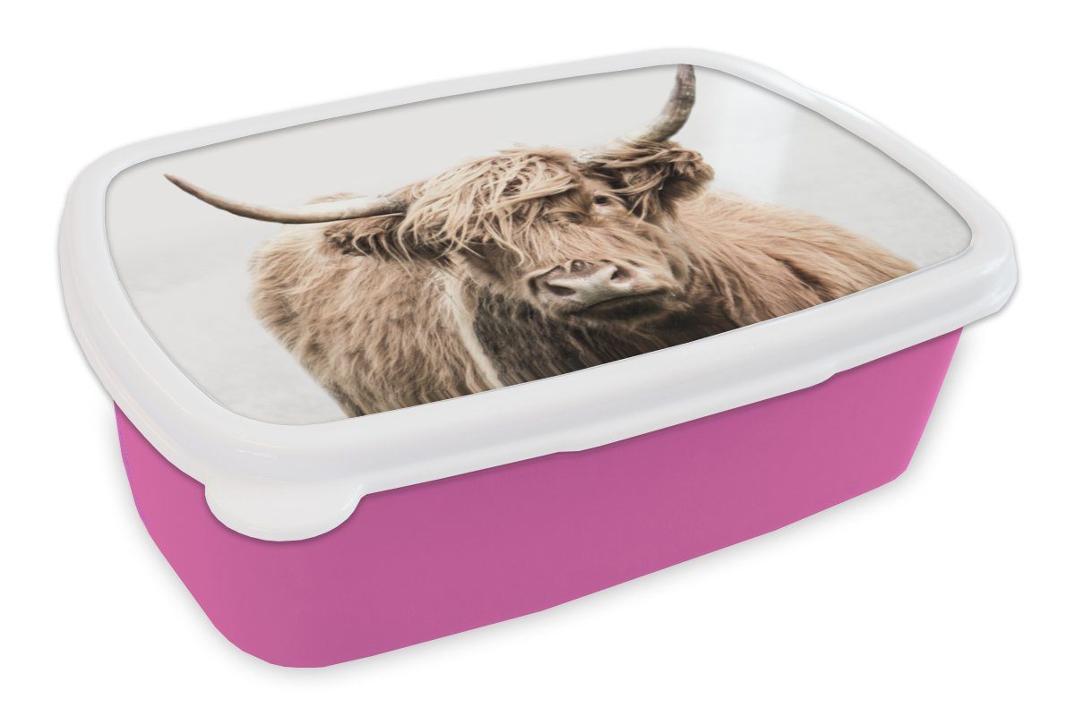 MuchoWow Lunchbox Schottischer Highlander - Tiere - Fell, Kunststoff, (2-tlg), Brotbox für Erwachsene, Brotdose Kinder, Snackbox, Mädchen, Kunststoff rosa