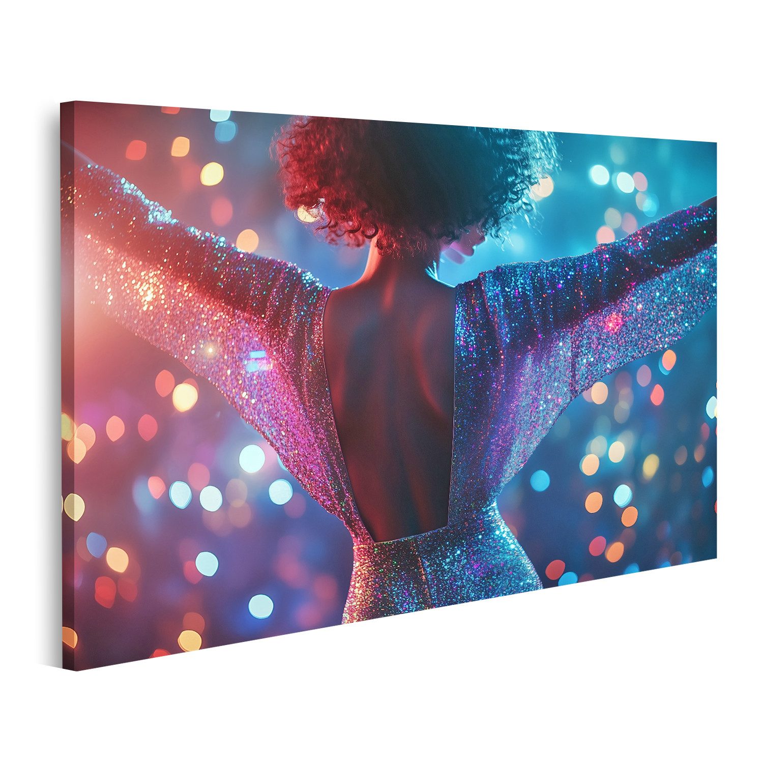 islandburner Leinwandbild Frau im Glitzerkleid tanzt im Disco Licht