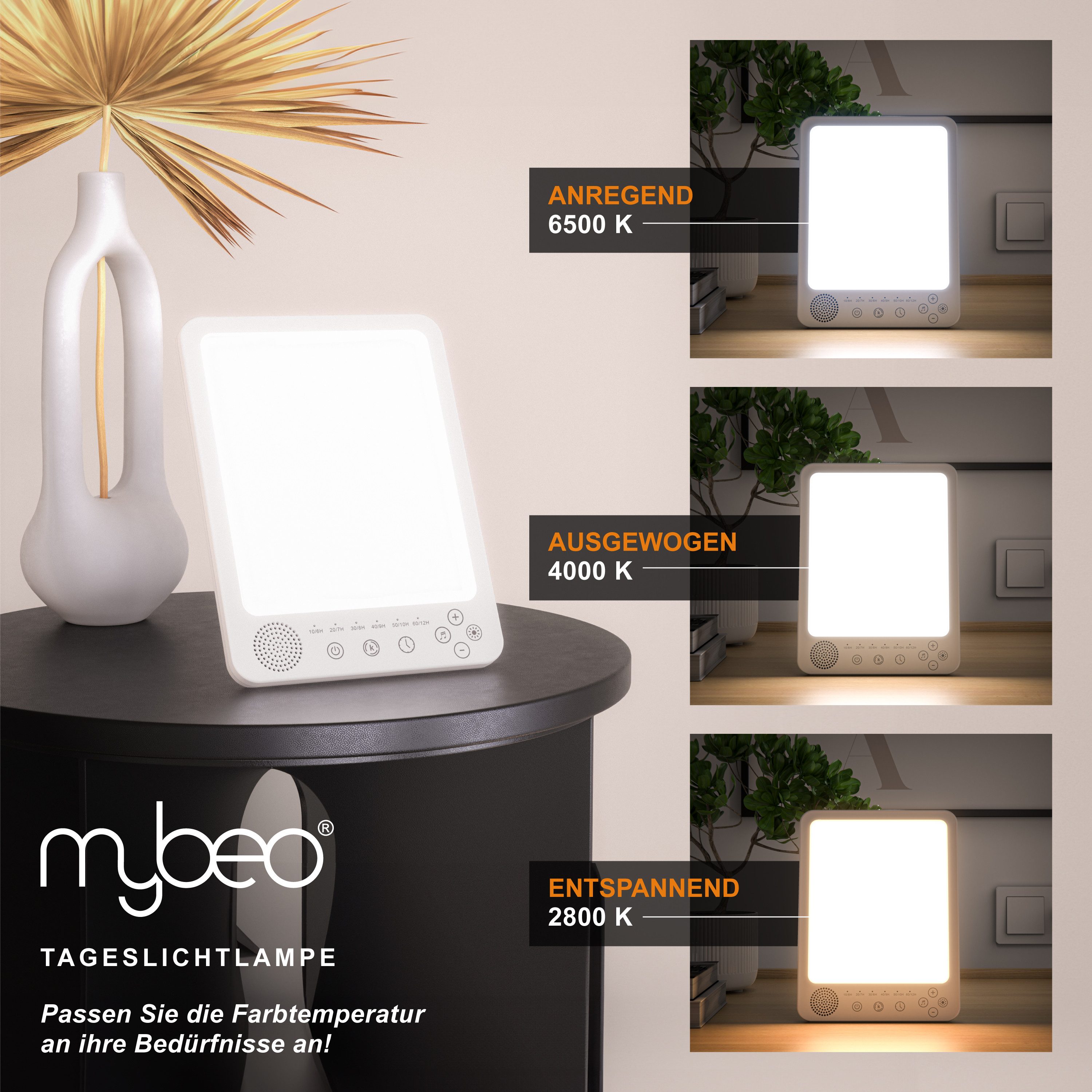 MyBeo Tageslichtlampe LED Lichttherapielampe, Lichtdusche, Tageslichtleuchte mit Standfuß, Dimmfunktion, verschiedene Lichtmodi, LED fest integriert, Neutralwei – Bild 3 von 5