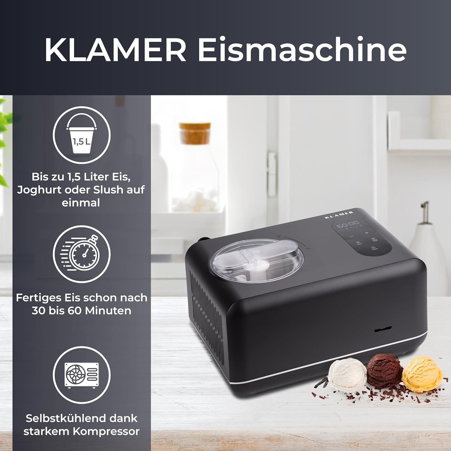 KLAMER Eismaschine mit Kompressor 1,5L 150W, 3-in-1 Slush Maschine & Joghurtbereiter, Ed…, 1,5 l, 150 W, Raffiniertes Rührsystem, Kühl- & Heizfunktion, digitales Rezeptbuch