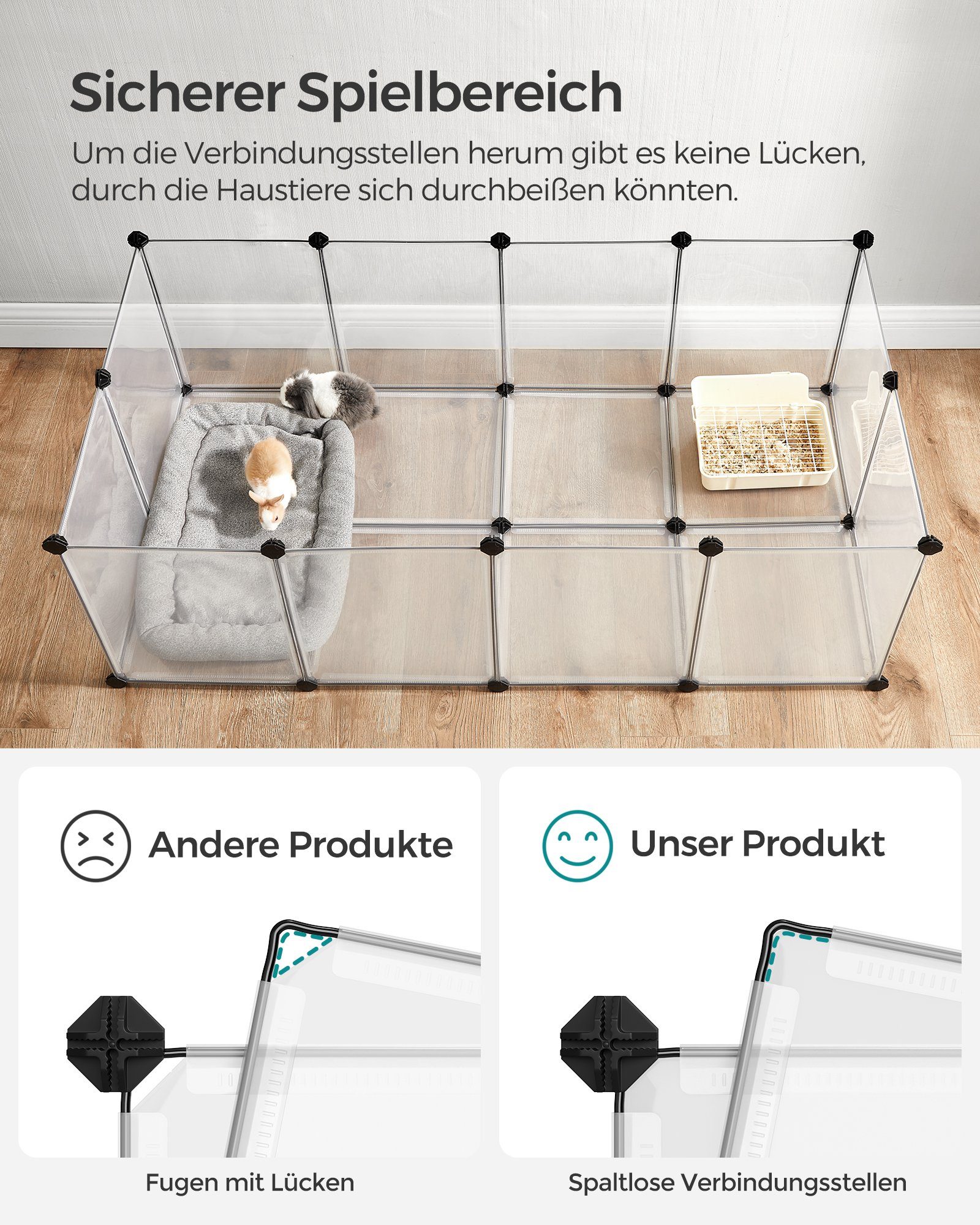 SONGMICS Kleintierkäfig Freigehege, Laufstall, aus Kunststoff mit Bodenplatten, DIY
