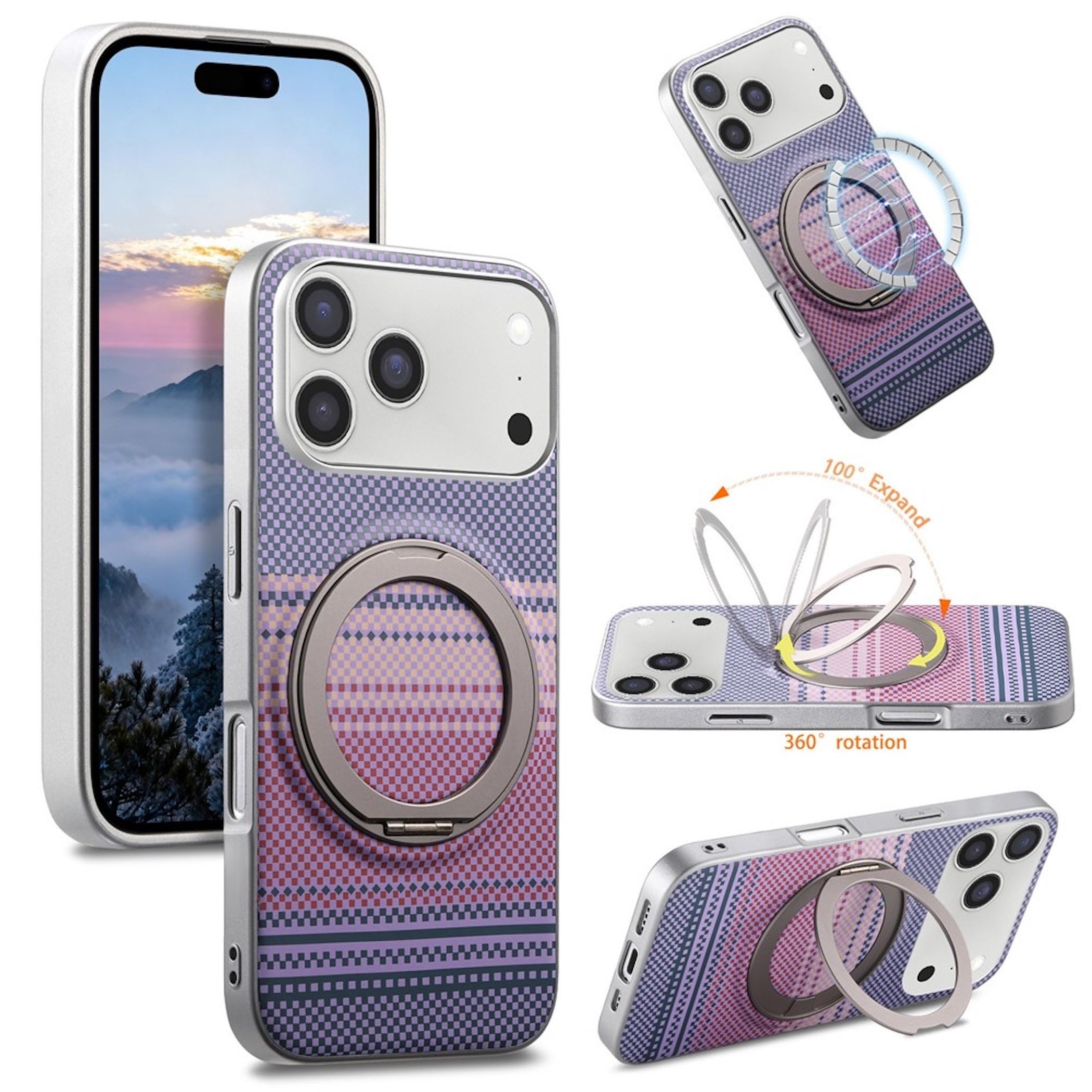 Wigento Handyhülle MagSafe für Apple iPhone 18 Pro / 17 Pro 360 Grad Ringhalter Ständer 6,3 Zoll, 360 Grad Ringhalter, Magnetring, Carbon Struktur