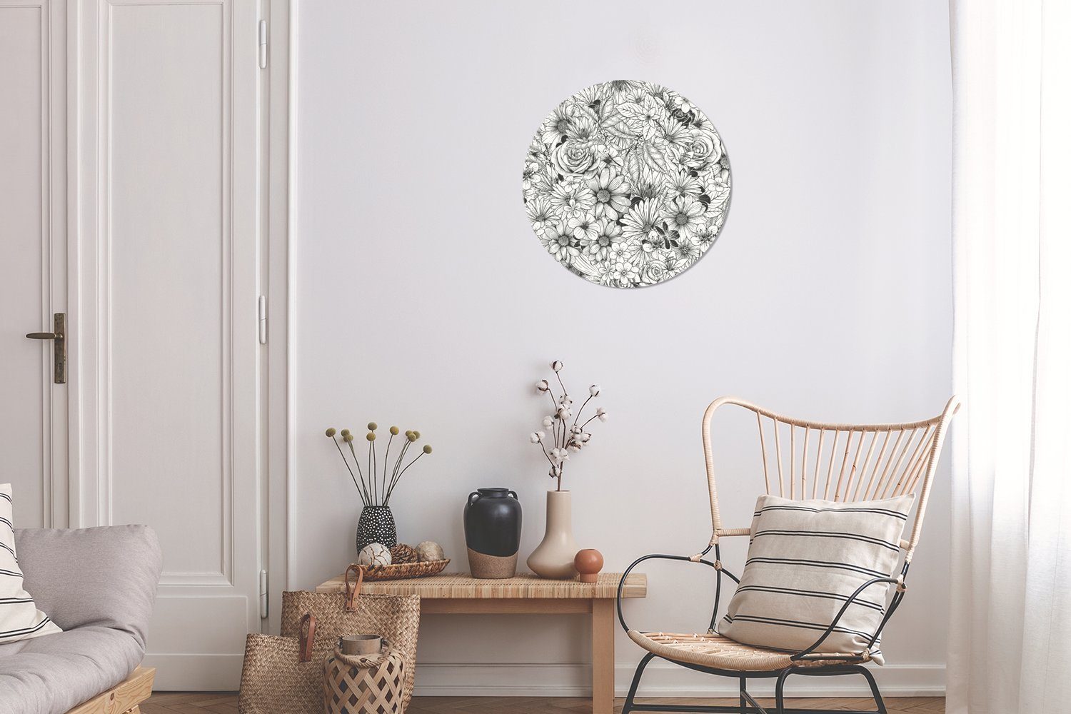 Eine Wohnzimmer Wandsticker Kinderzimmer, für Illustration Tapetenkreis MuchoWow florale Tapetenaufkleber, St), schwarz-weiße (1 Rund,
