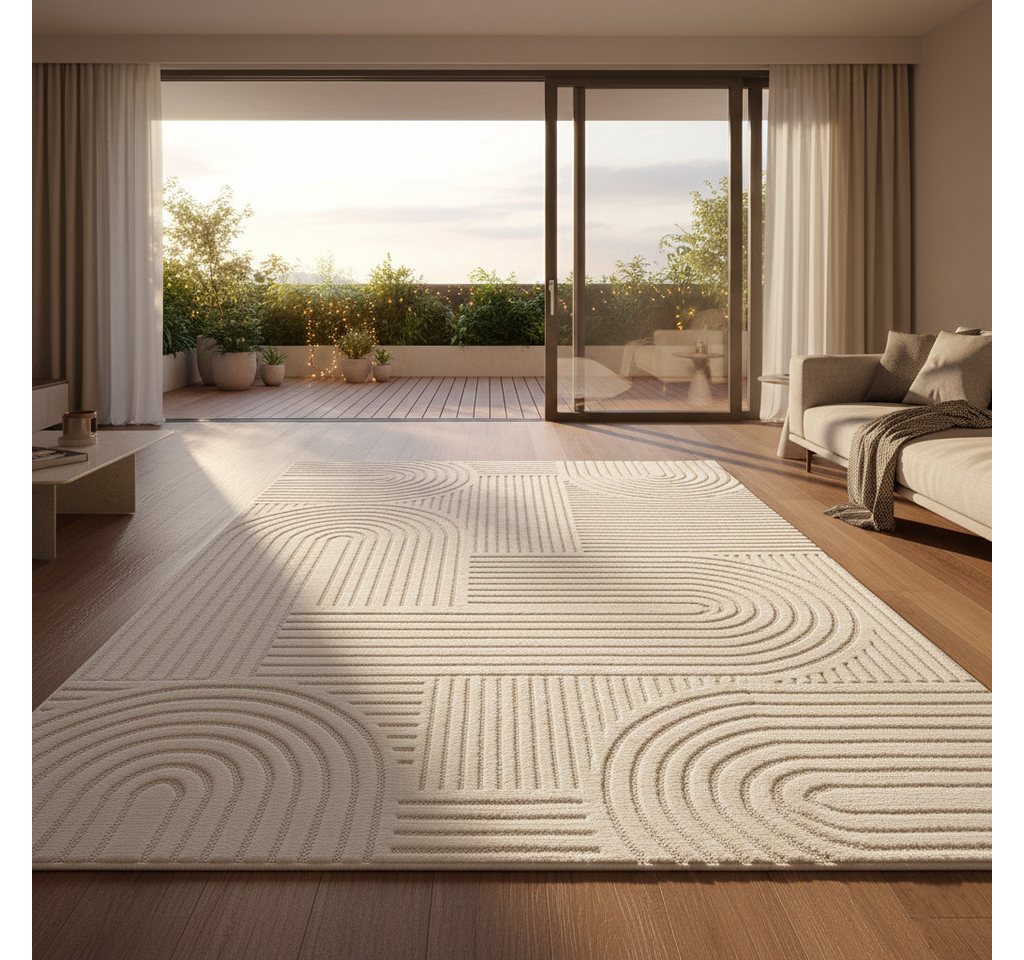 Vimoda Designteppich hoch/tief Motiv, Kurzflor Teppich Creme, Uni, Rechteckig, Höhe: 10 mm, Teppich Boho Design, Wohnzimmer, Schlafzimmer& Küche