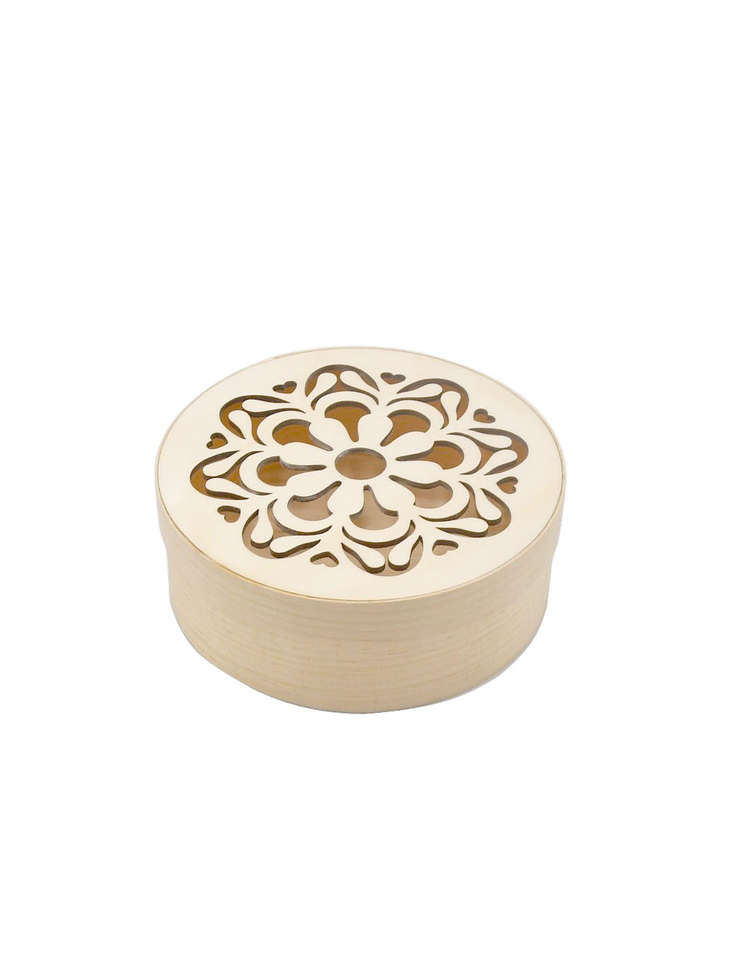 MyBer® Aufbewahrungsbox Holzbox rund Schmuckkästchen Schatulle Kästchen Box Holz naturbelassen (Komplett-Set, Set, 2 St., Box + Deckel), Höhe: 5,2 cm Durchmesser: 14,5 cm mit Deckel braun PM_PL302S
