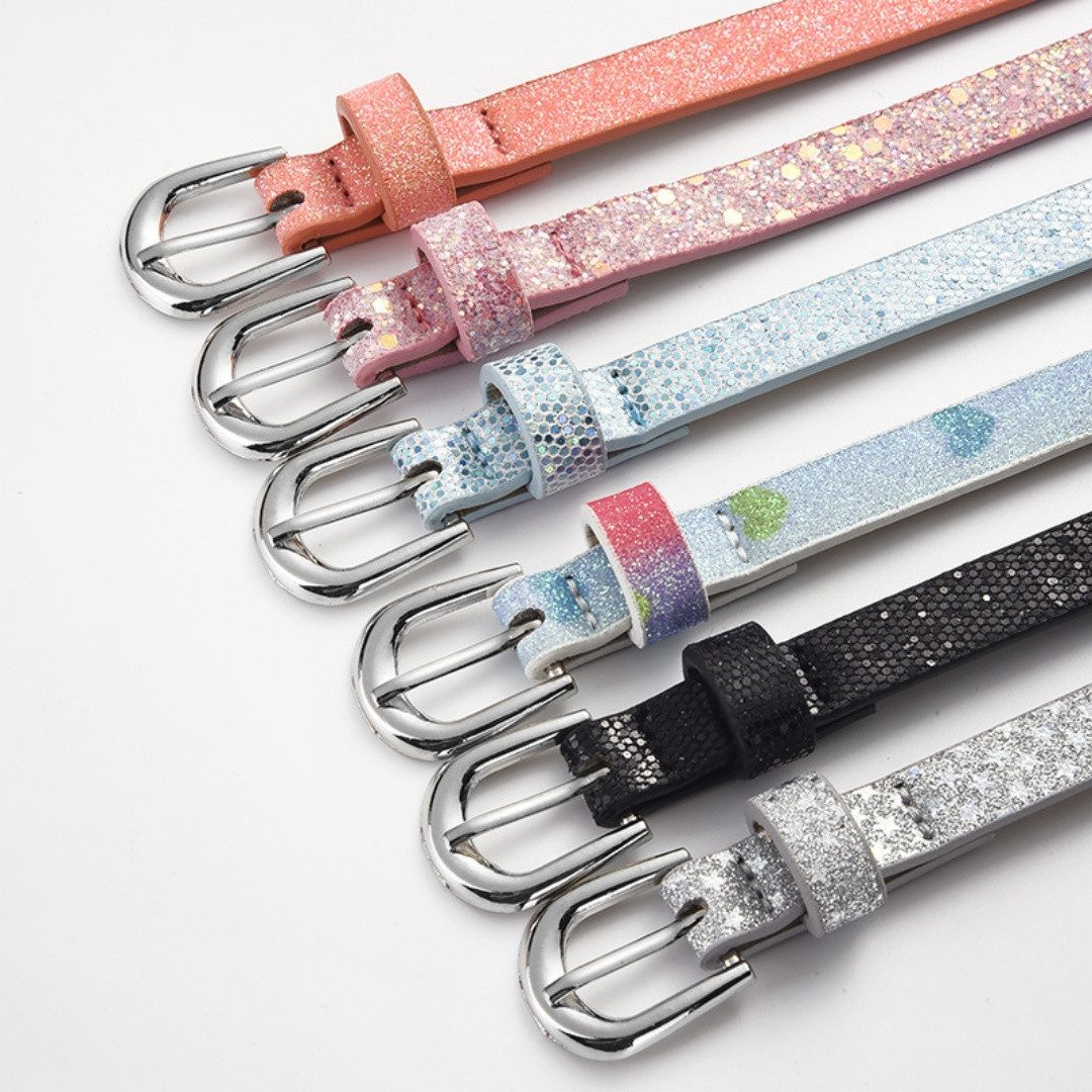 nsihing Taillengürtel Kinder Skinny Gürtel Glitter für Mädchen Bunte Mädchen Verstellbarer Gürtel mit Goldschnalle für Jeans Kleid