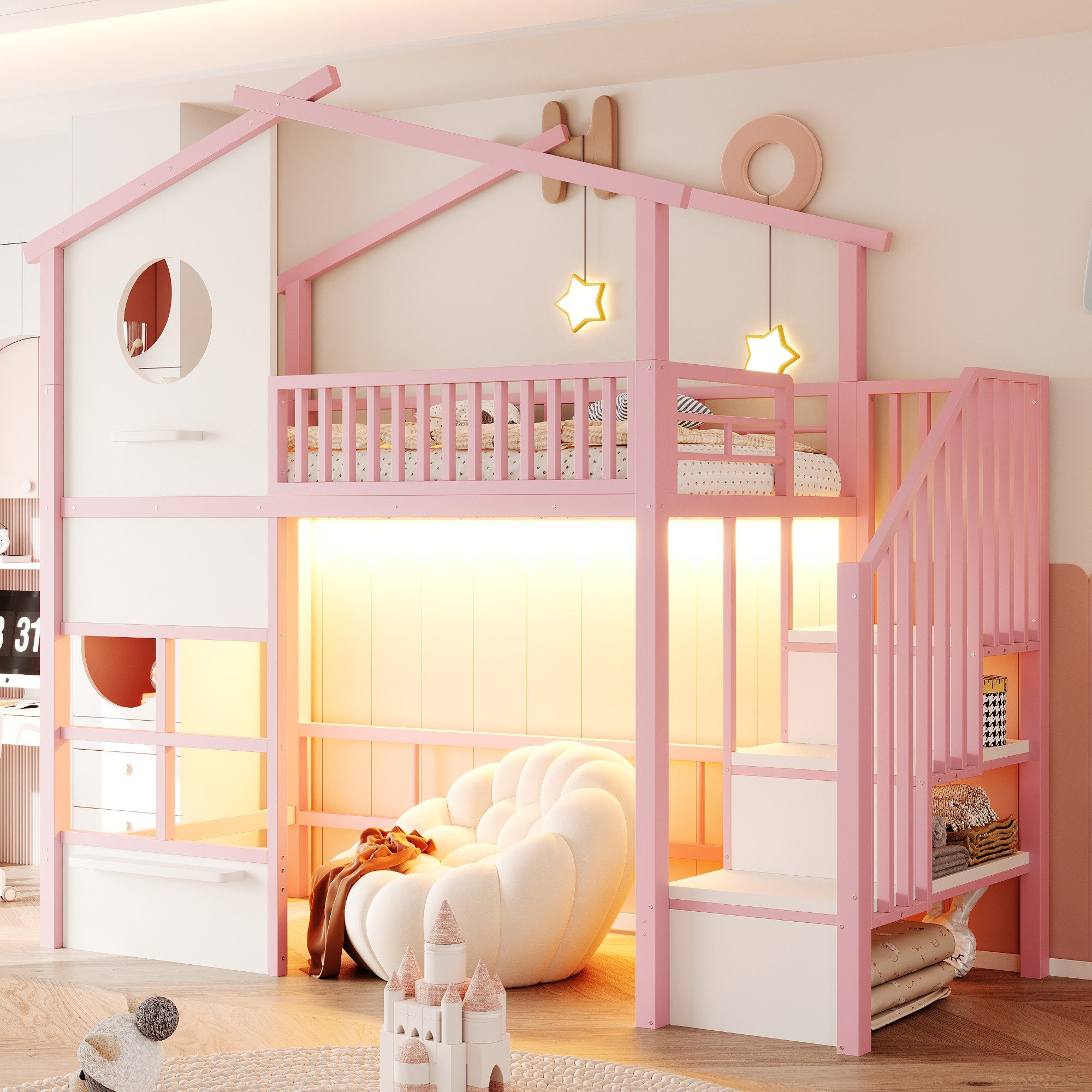 Flieks Hochbett Metall Kinderbett 90×200cm Hausform mit LED-Lichtleiste Stauraumtreppe