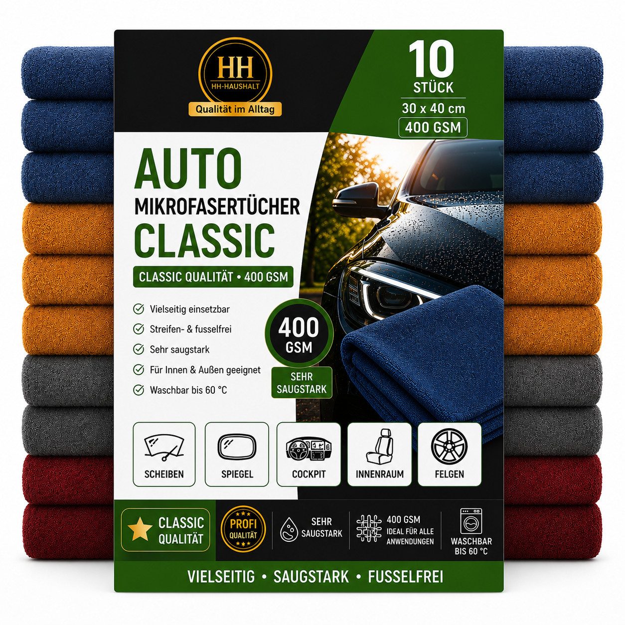 HH-Haushalt Auto Microfasertücher Classic XL 400 GSM 40 x 40 cm 10er Set Pflegetuch (Polyester, 40x40 cm, ShineMax - Hohe Saugkraft, kratzfreie Pflege, 10-tlg., Sehr saugfähig & kratzfrei, farblich sortiert, Hohe Saugkraft, fusselfrei, sanft zu Glas, Metall, Kunststoff)