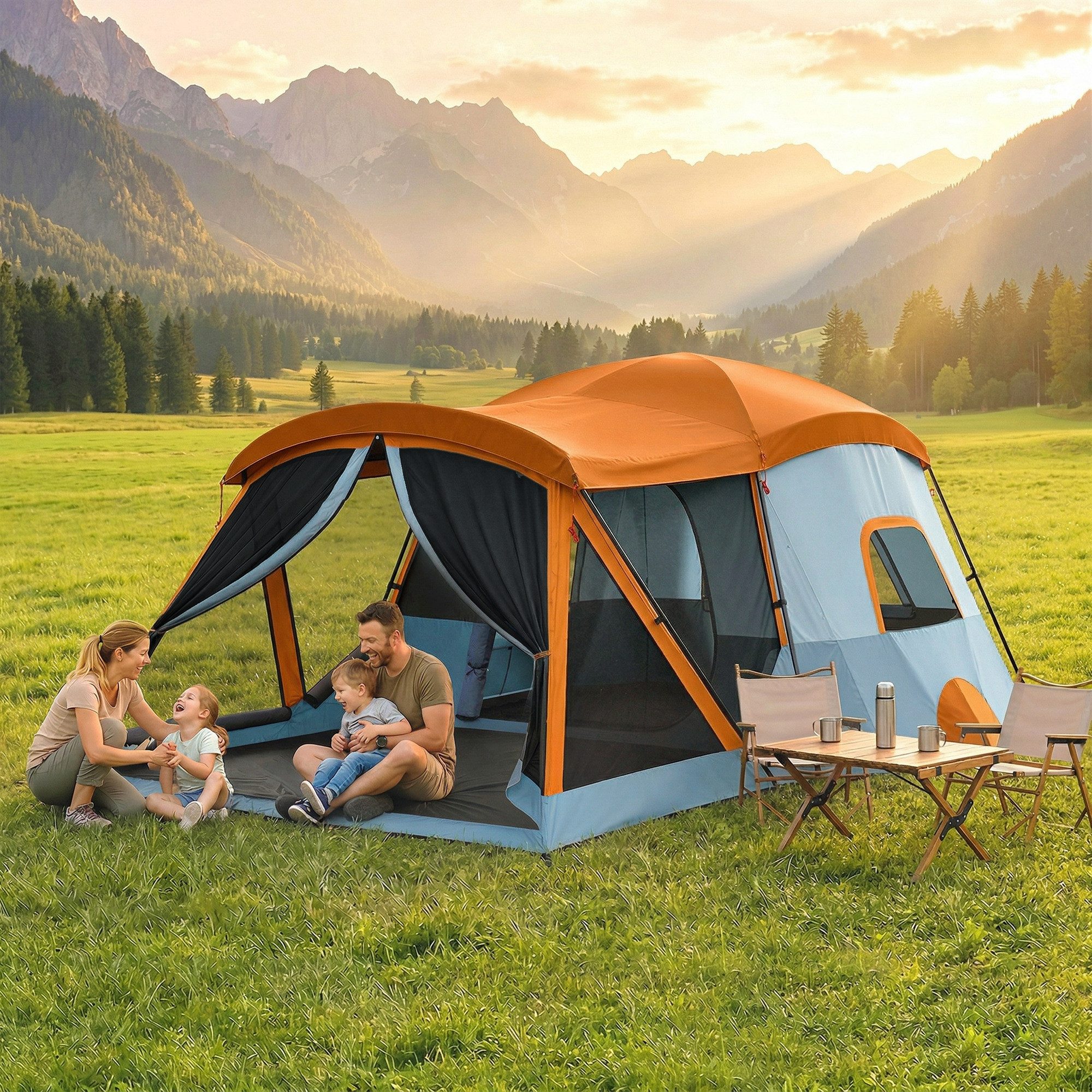 Outsunny Kuppelzelt wasserdicht Campingzelt mit Stehhöhe 3000 mm Wassersäule, Personen: 4 (Tunnelzelt, 1 tlg., Familienzelt), für Cmping Orange+Blau
