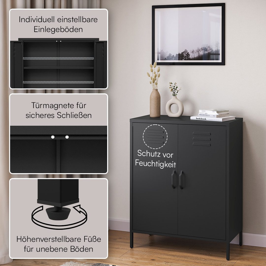 skølm Kommode Atria aus Metall (Schwarz, 3 Fächer), höhenverstellbare Böden, Highboard auch verfügbar mit Schubladen