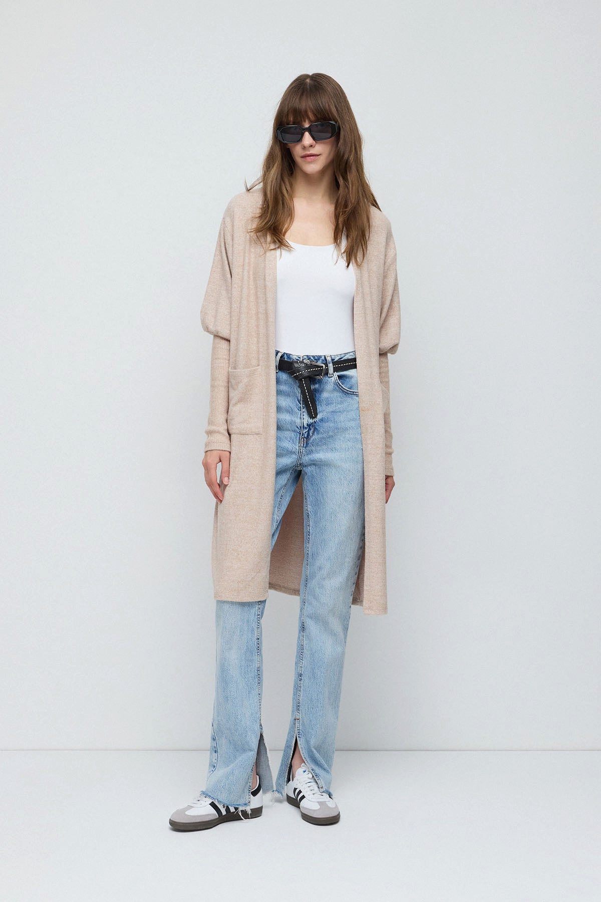 Blusenjacke Langer Strickcardigan mit Taschen