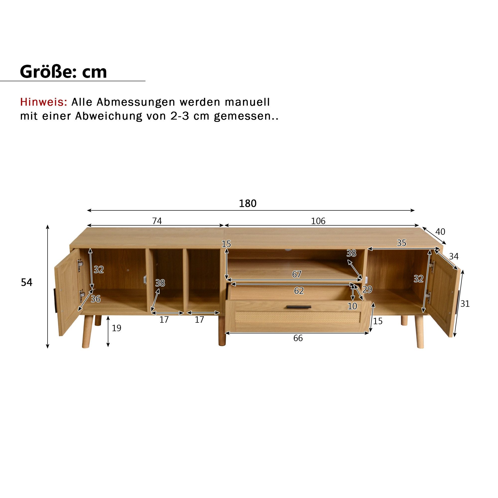 MC Star TV-Ständer Geräumiger 180-cm-TV-Schrank mit Rattan-Dekoration, (2 Türen und einer Schublade, Beine aus Massivholz, bietet Platz für einen 80-Zoll-Fernseher, TV-Aufbewahrungsschrank, TV-Schrank)