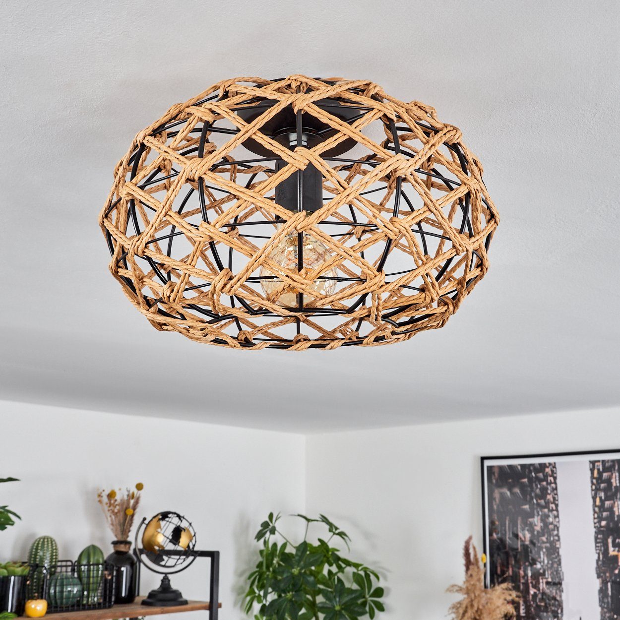 hofstein Deckenleuchte moderne Deckenlampe aus Holz/Rattan/Metall in Natur/Schwarz, ohne Leuchtmittel, Deckenleuchte Lichteffekt, Ø30cm, 1x E27, ohne Leuchtmittel