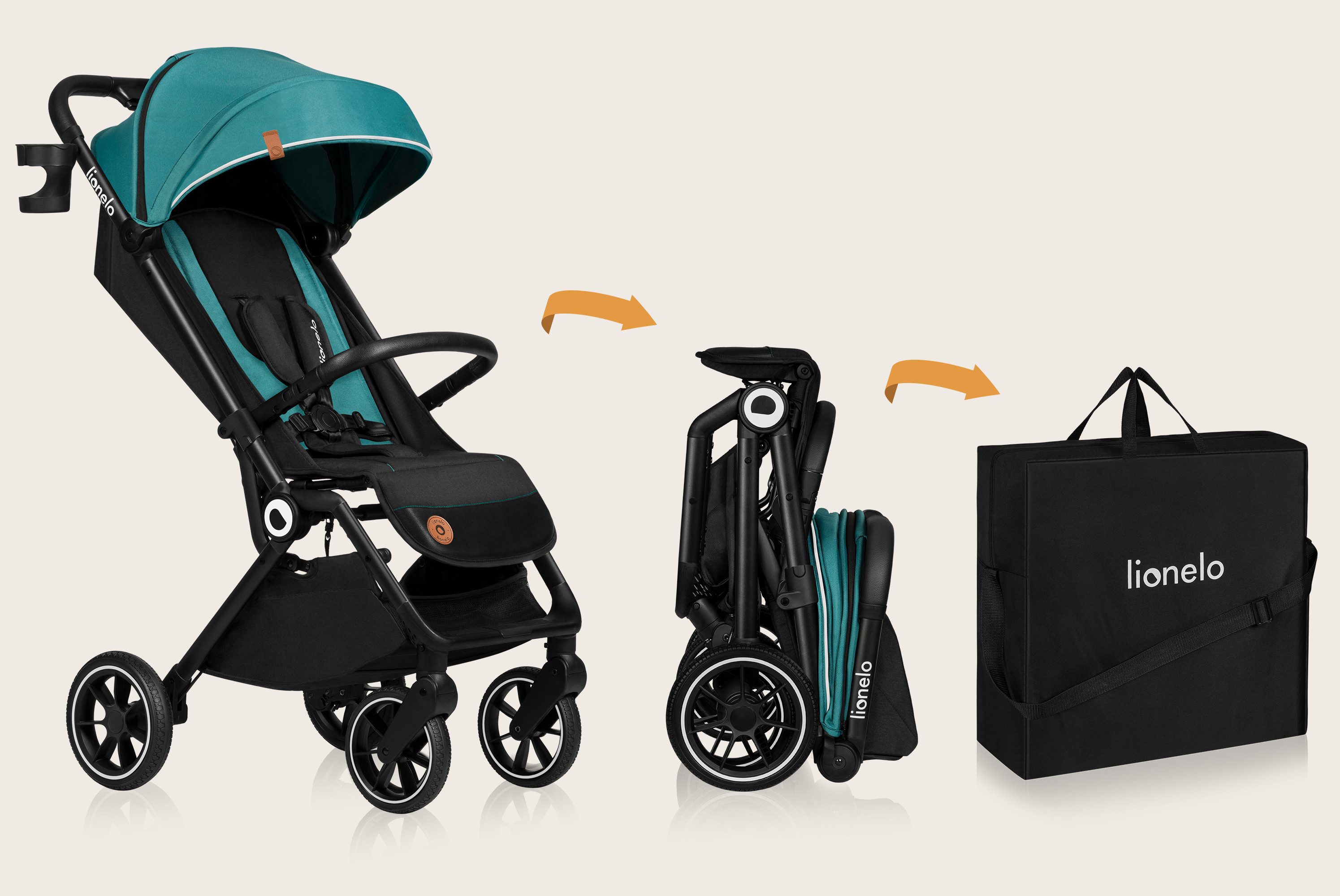 lionelo Kinder-Buggy CLOOE, (Set mit Moskitonetz, Becherhalter, Fußabdeckung und Tragegurt für die Schulter), Auto-Folding/PU-Räder/XXL-Verdeck/Tragegurt/8,2 kg