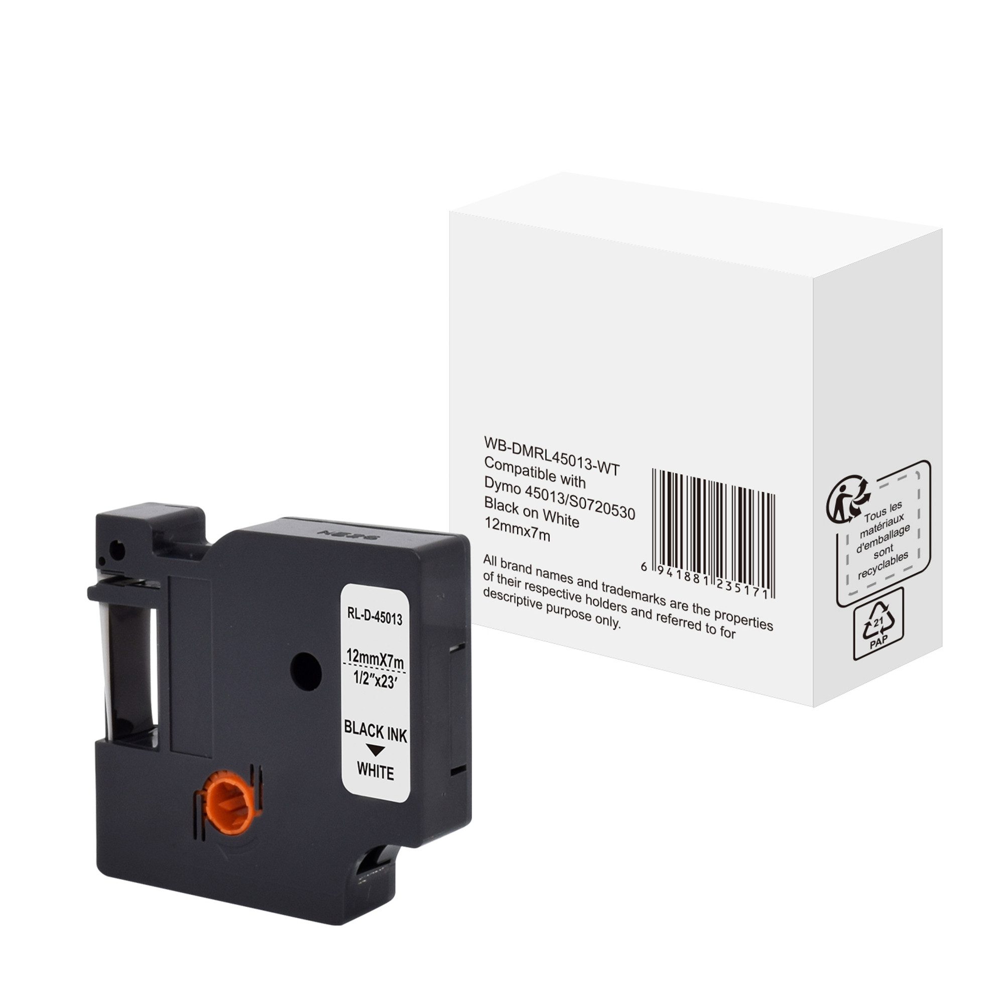 DYMO Beschriftungsband Schriftband wie Dymo S0720530 12mmx7m schwarz auf weiß.