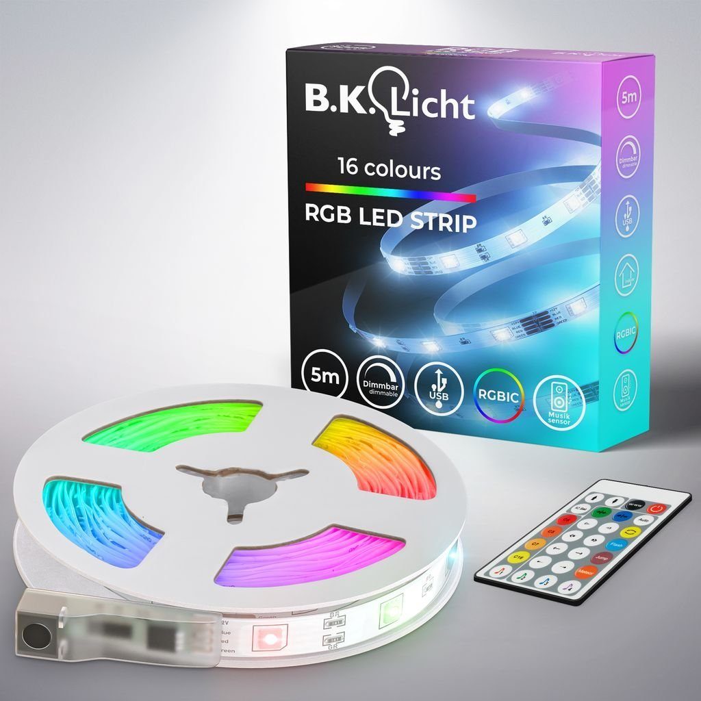 B.K.Licht LED-Streifen 5m USB RGBIC - Strip Band selbstklebend Lauflicht Sync dimmbar Farbwechsel Musik Musiksensor LED Fernbedienung BKL1563, Lichtleiste 150 5W