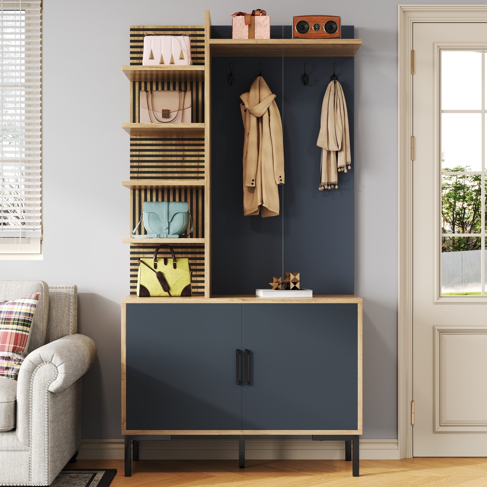 Odikalo Kleiderschrank Kleiderschrank-Set Garderoben-Set Eckkleiderschrank Blau (mit Schuhfach, Regalen, verstellbaren Trennwänden und Haken geliefert)