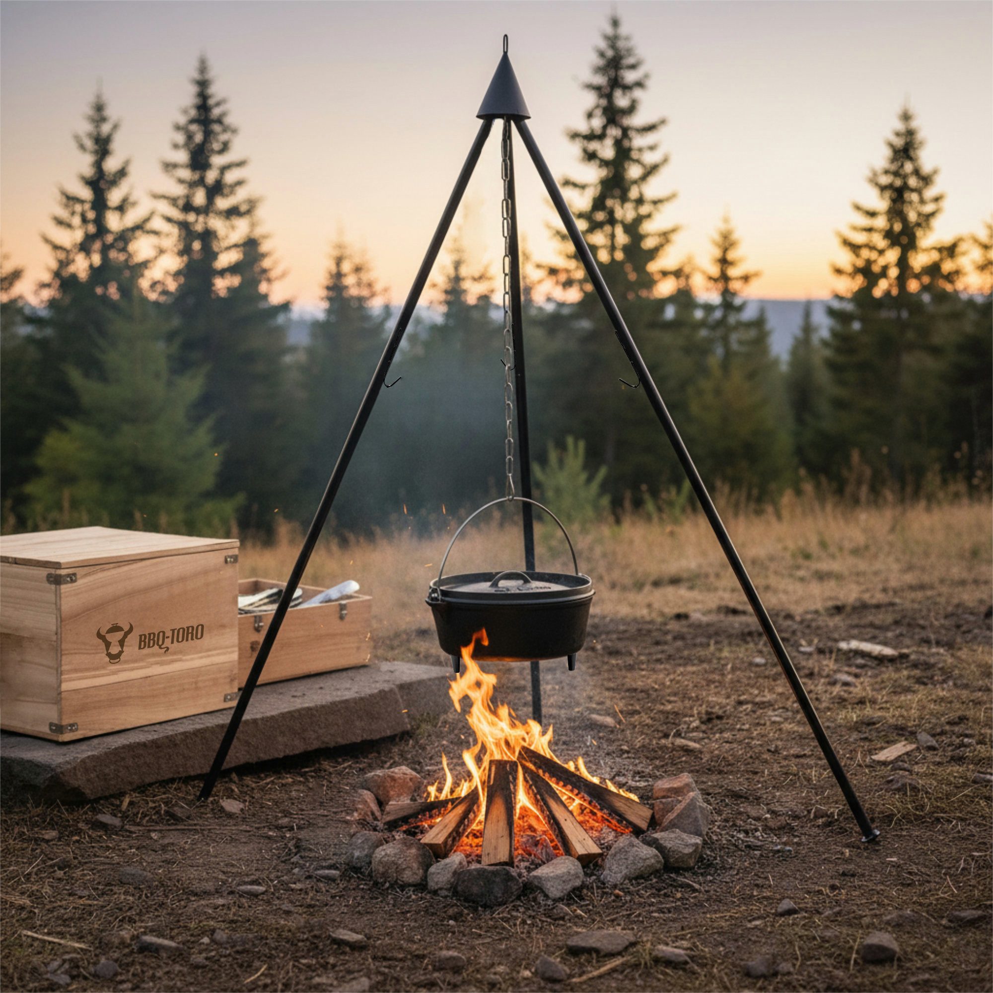 BBQ-Toro Holzkohlegrill Dutch Oven Set 6-teilig mit Holzkiste, mit Topf, Pfanne, Grillrost, Set 6-teilig – Bild 3 von 5