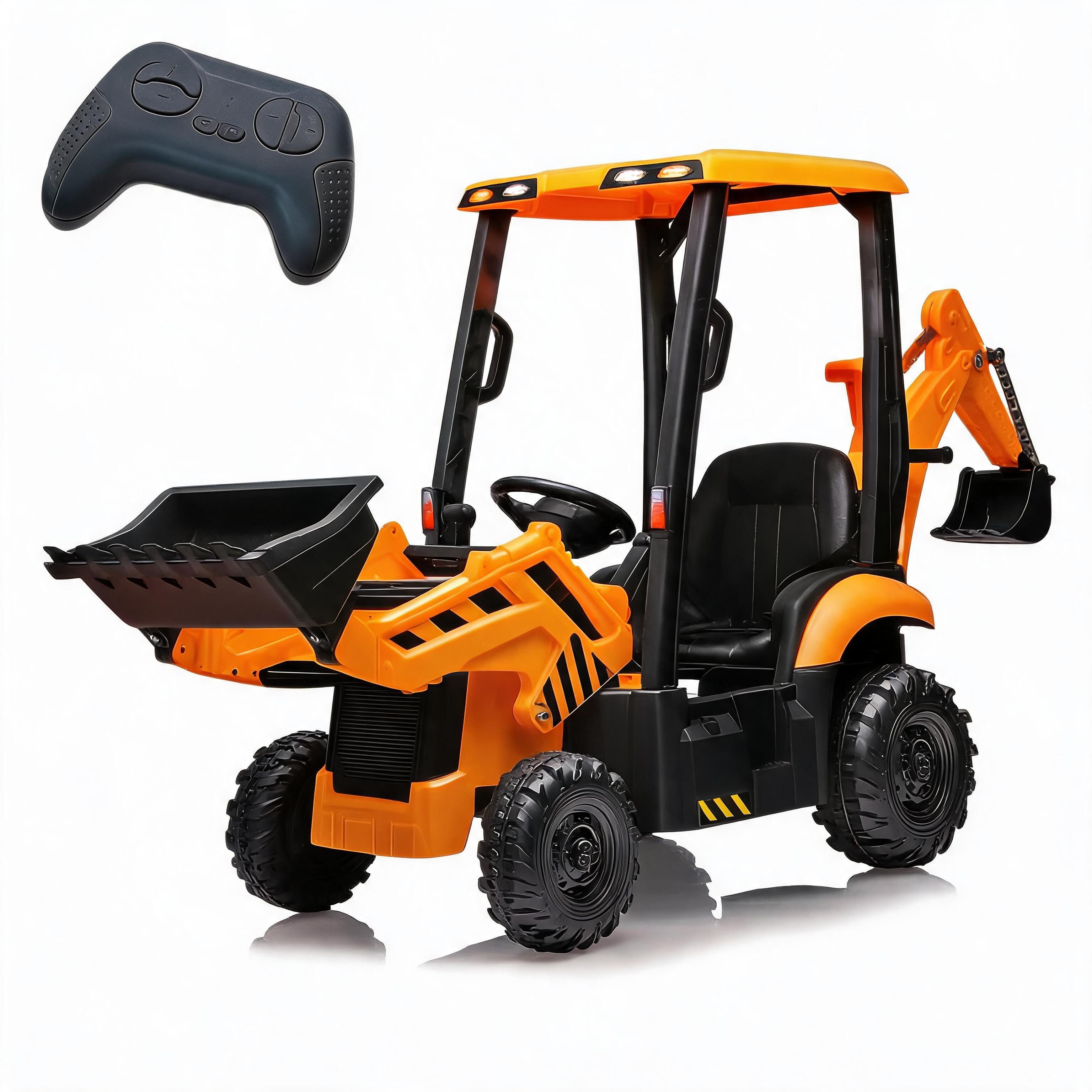 GarveeMore Elektro-Kinderauto 4-in-1 Kinder Elektrofahrzeug 12V, Elektrischer Traktor, Mit Bagger & Frontlader, Hupe, Abnehmbares Dach