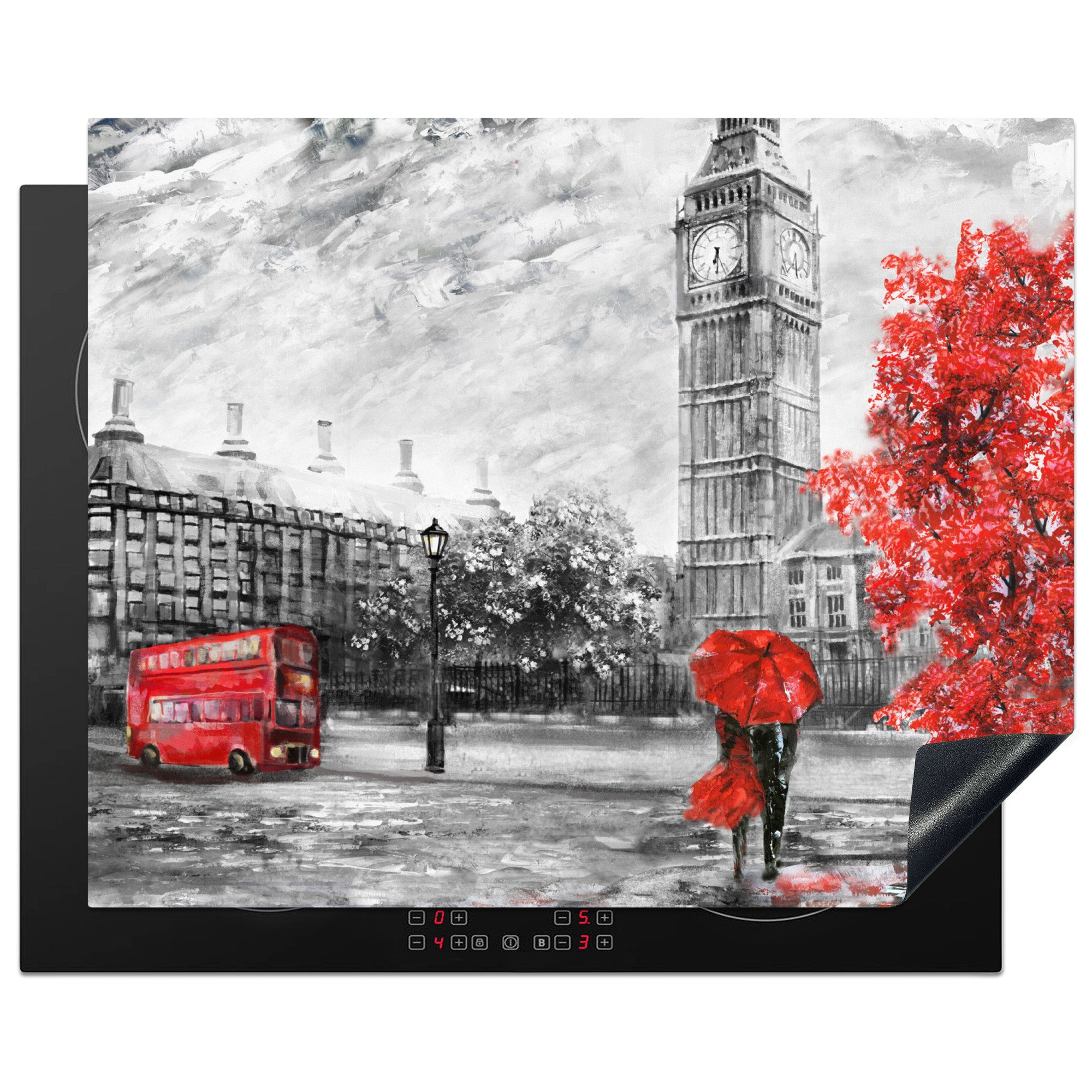 MuchoWow Herd-Abdeckplatte Rot - London - Stadt - Schwarz und weiß, Vinyl, (1 tlg), Накладки на плиту für Ceranfeld, Induktionsschutz, 65x55 cm