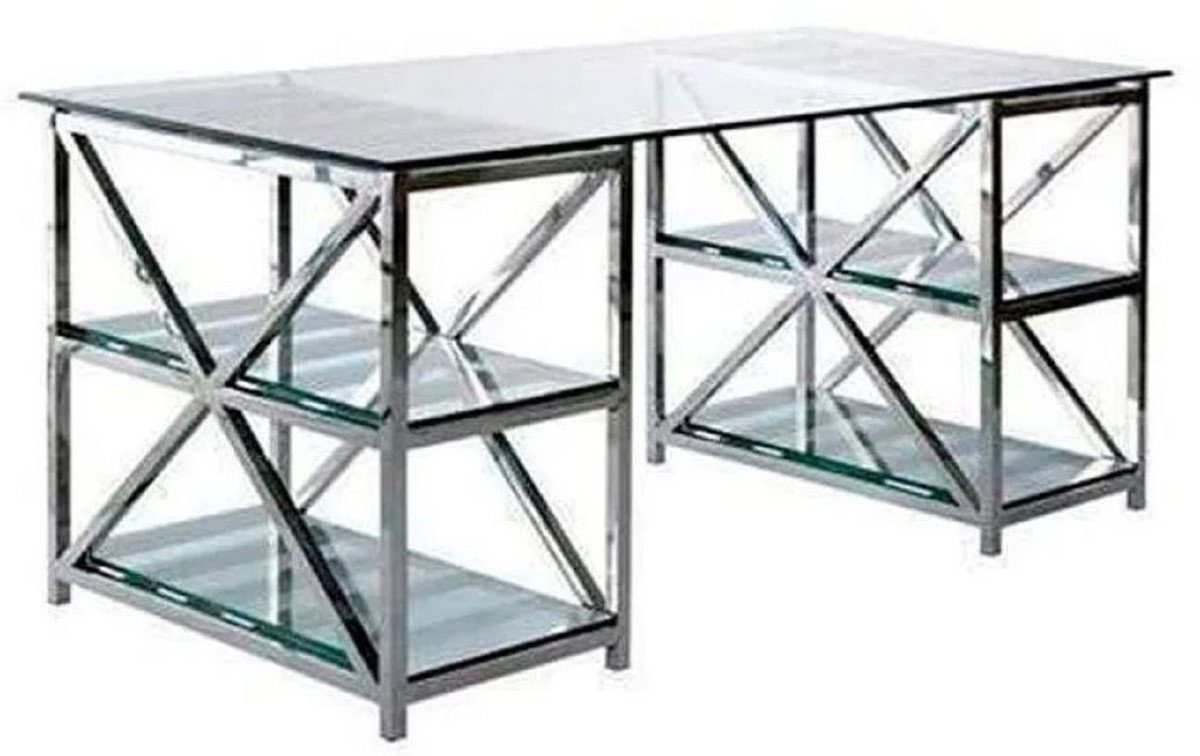 Casa Padrino Schreibtisch Luxus Schreibtisch Silber 175 x 79 x H. 76 cm - Metall Bürotisch mit Glasplatten - Computertisch - Luxus Büro Möbel