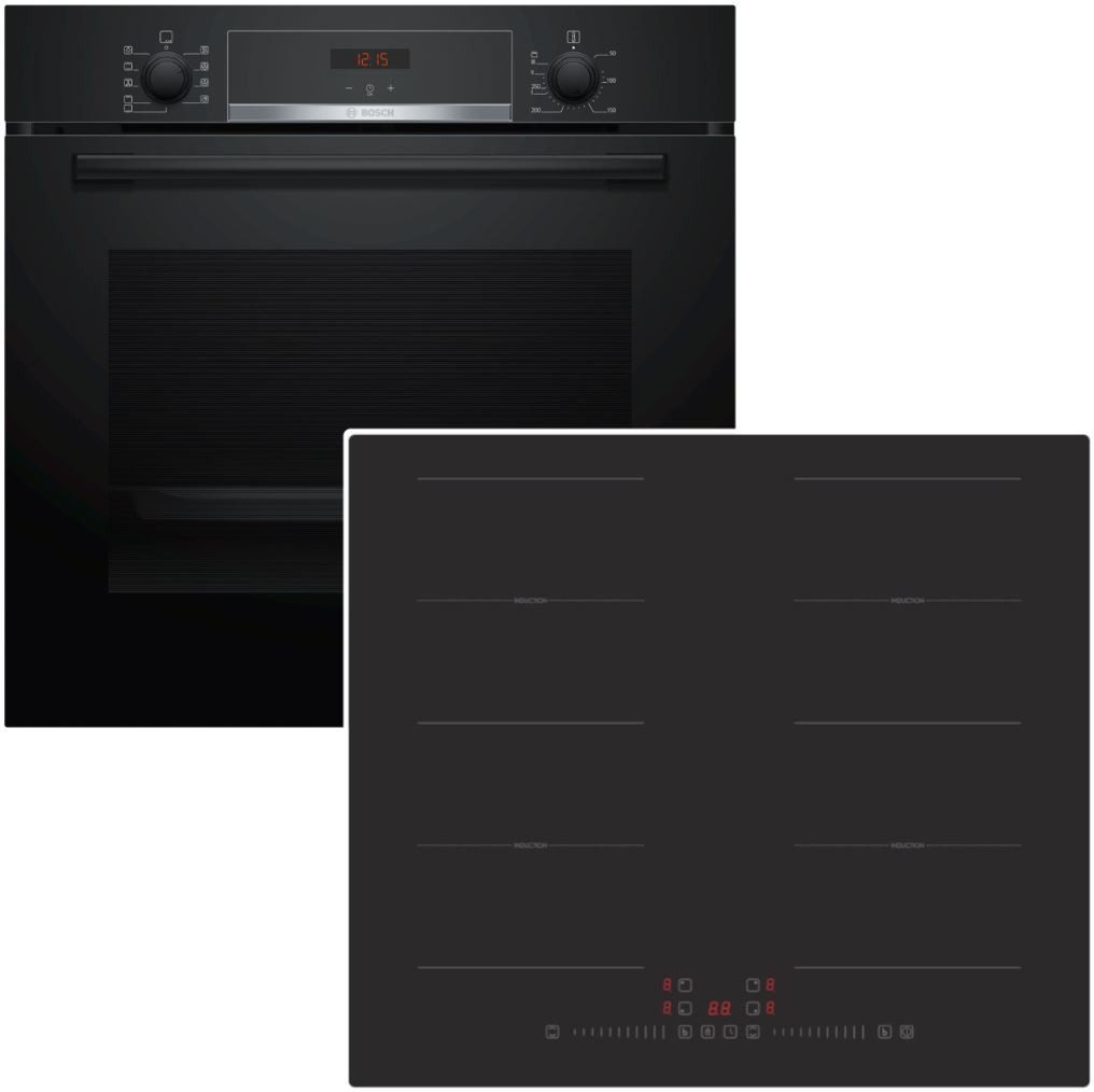 BOSCH Backofen-Set Backofen Teleskopauszug Hydolyse + PKM Induktionskochfeld schwarz 60cm, mit 1-fach Teilauszug, Hydrolyse