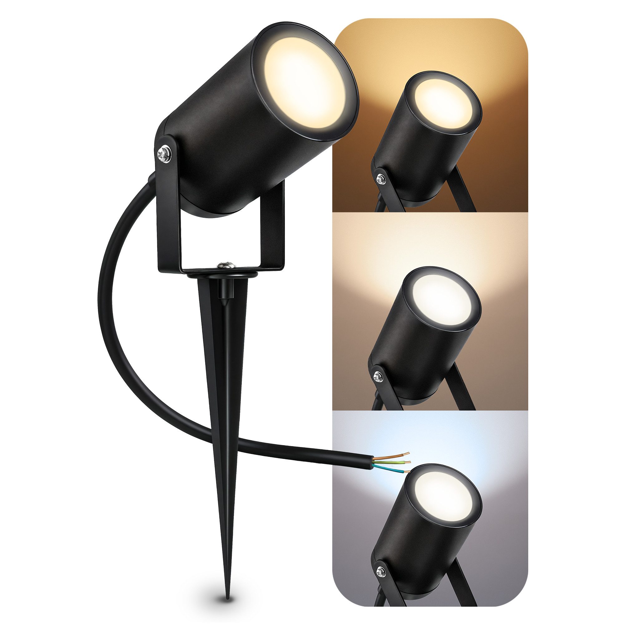 SSC-LUXon LED Gartenstrahler KALOA Gartenspot mit Erdspieß IP44 mit LumiFLEX LED GU10 Licht 6W 3in1, Neutralweiß, Warmweiß, Tageslichtweiß