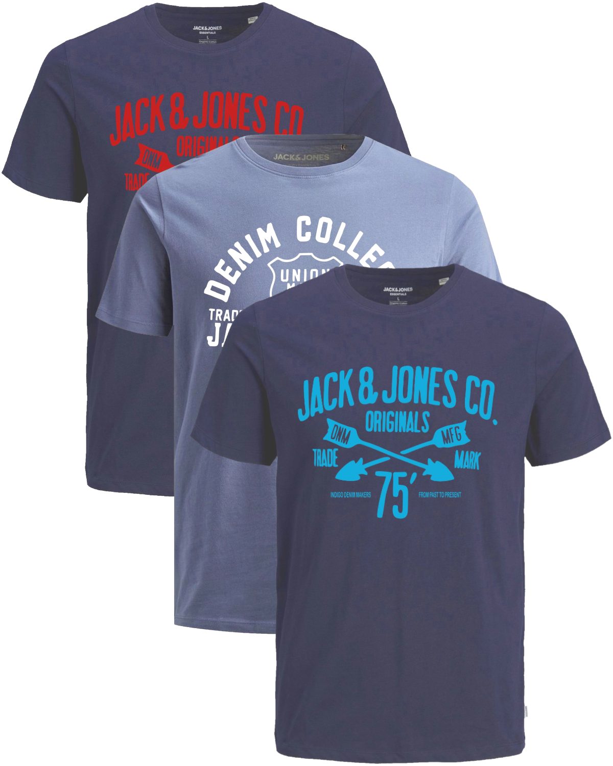 Jack & Jones Print-Shirt Bequemes Slimfit Shirt (Spar-Set, 3er-Pack) in Unifarbe mit Print