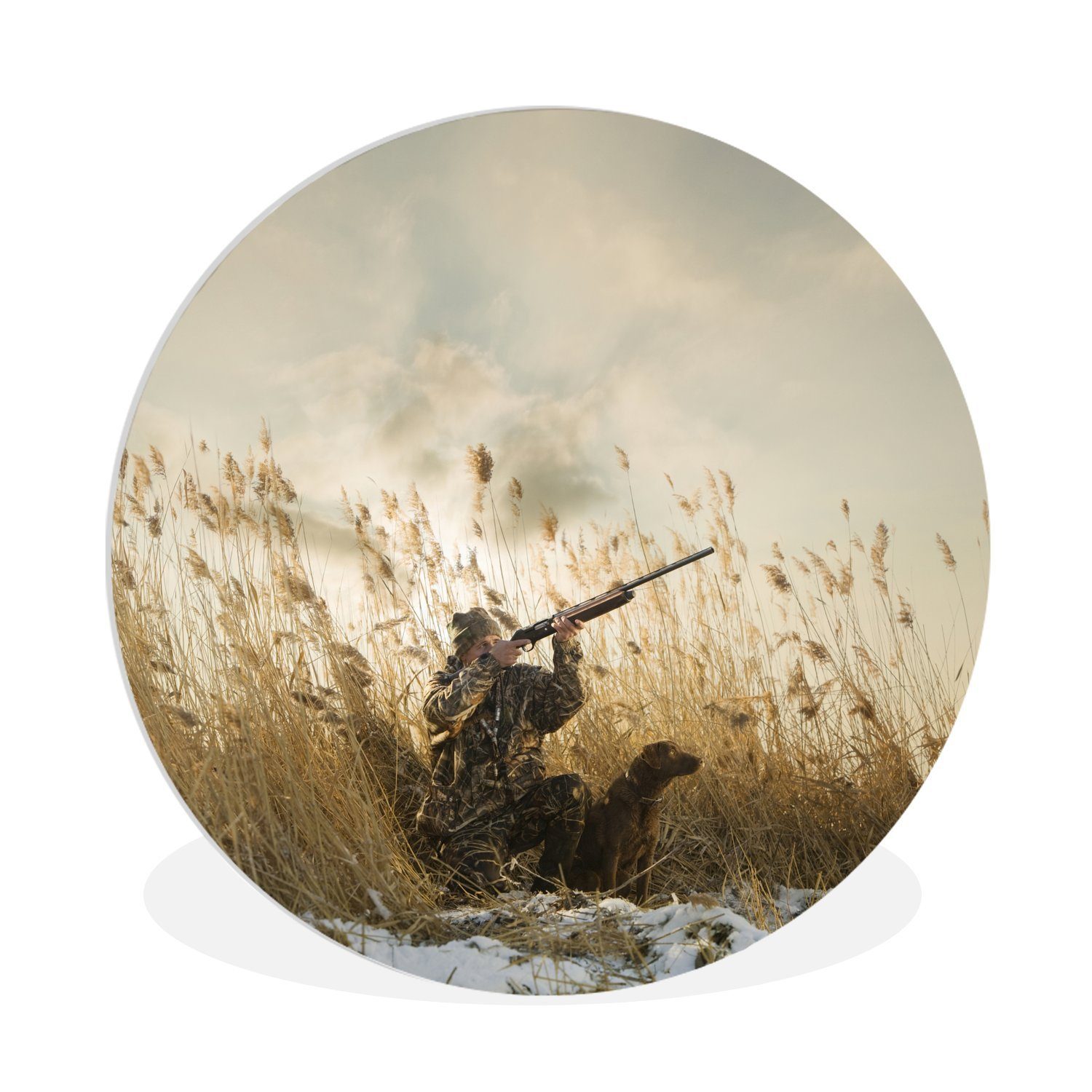 MuchoWow Картина Ein Mann auf Entenjagd im Marram-Gras, Fotodruck (1 St), Kreis Wanddekoration, Rundes Wandbild, 30x30 cm