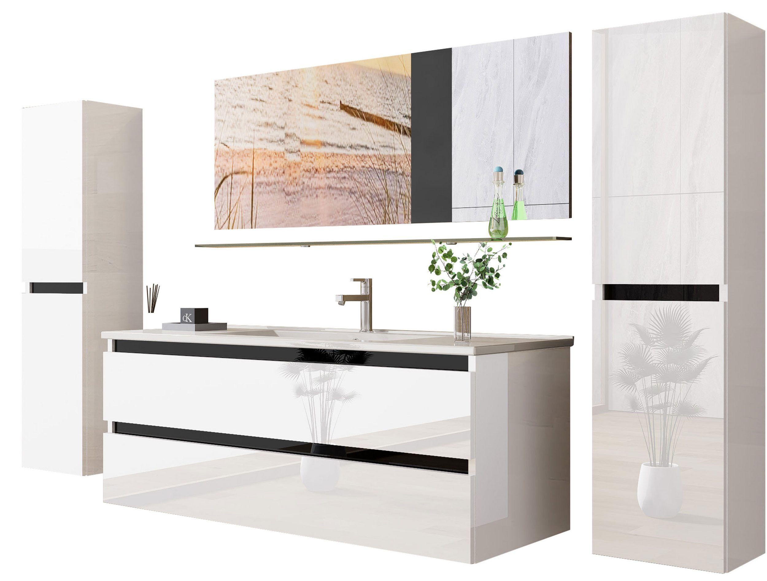 Homeline Badmöbel-Set Deniz und Marcel New in 3 Größen Hochglanz Badmöbel, (Komplettes Badmöbel Set, 6-St., Badmöbel Weiß Hochglanz bis 6 Teilig Badezimmermöbel), Hochglanz Optik Mit 2 Schubladen