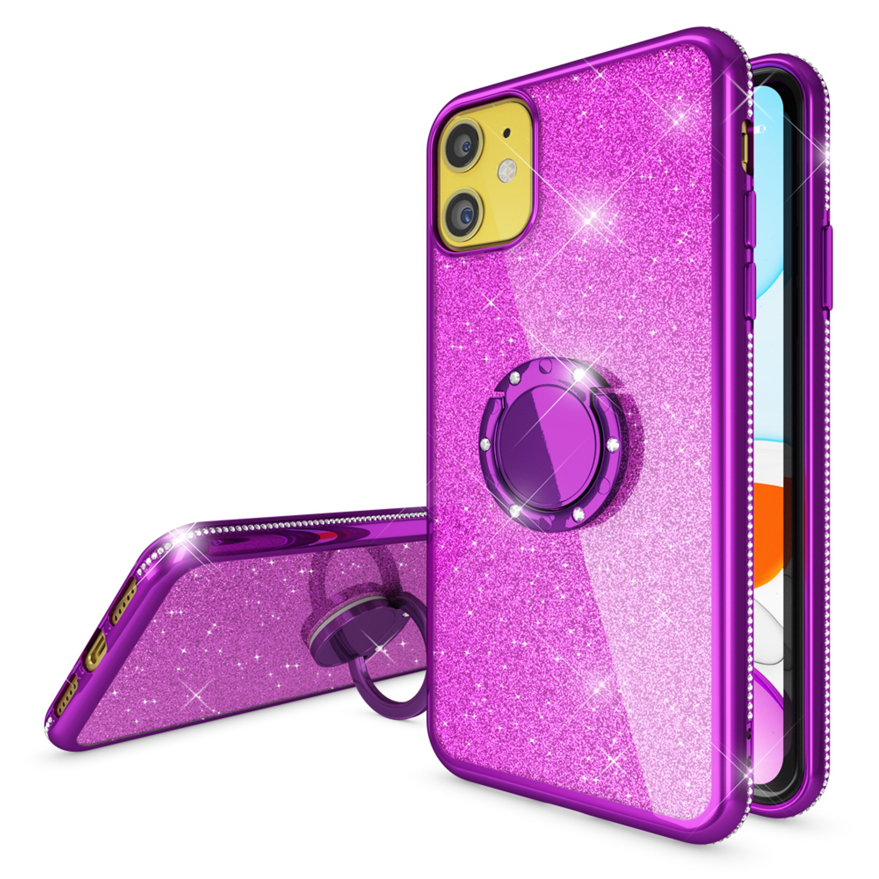 Nalia Smartphone-Hülle Apple iPhone 11 15,5 cm (6,1 Zoll), Glitzer Ring Silikon Hülle / 360 Grad Finger-Halter / Standfunktion