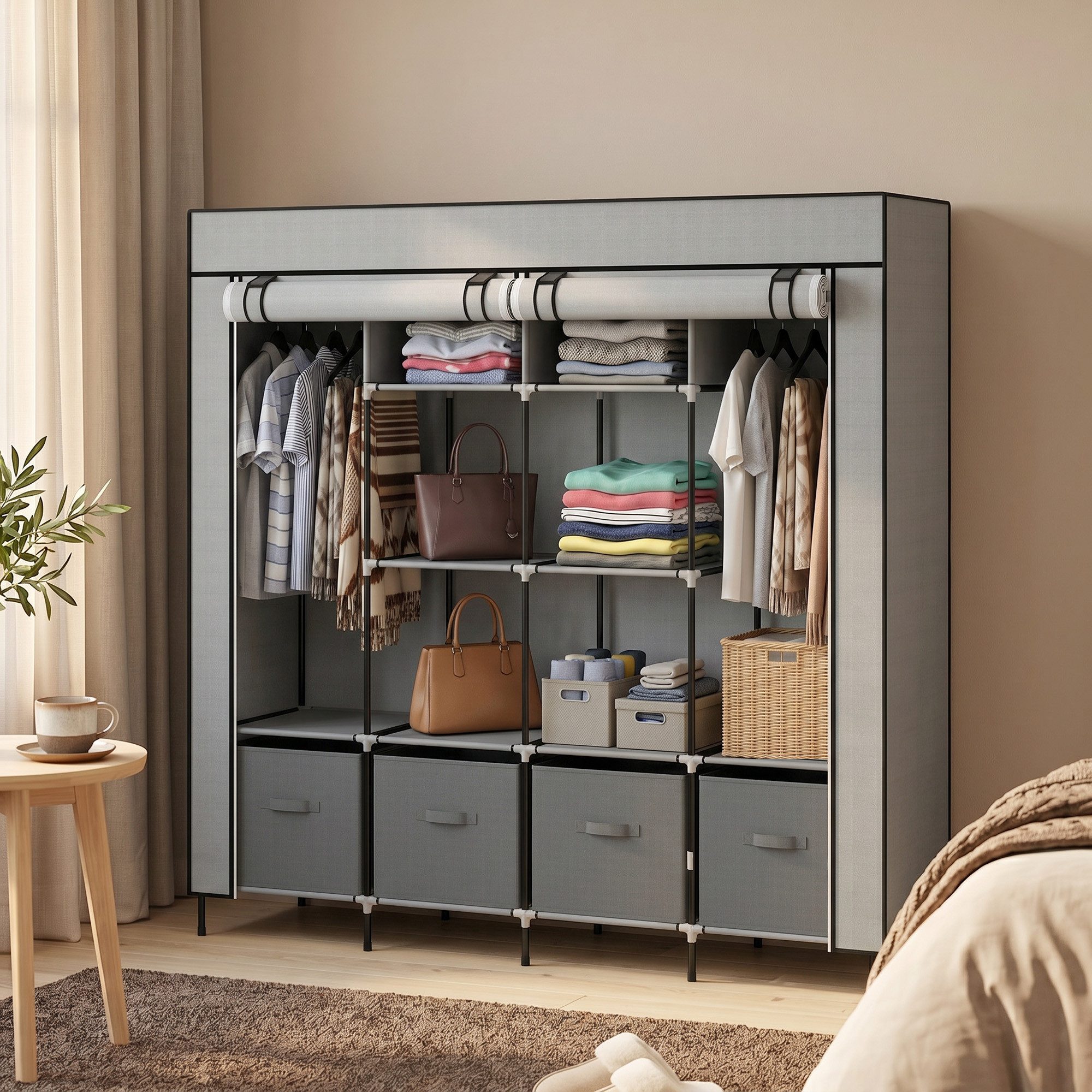 HOMCOM Stoffschrank Kleiderschrank mit Ablagen und Reißverschluss, Faltschrank (Kleiderstangen, 1-St., Stoffschrank) Dunkelgrau, 166 x 42,5 x 169,5 cm