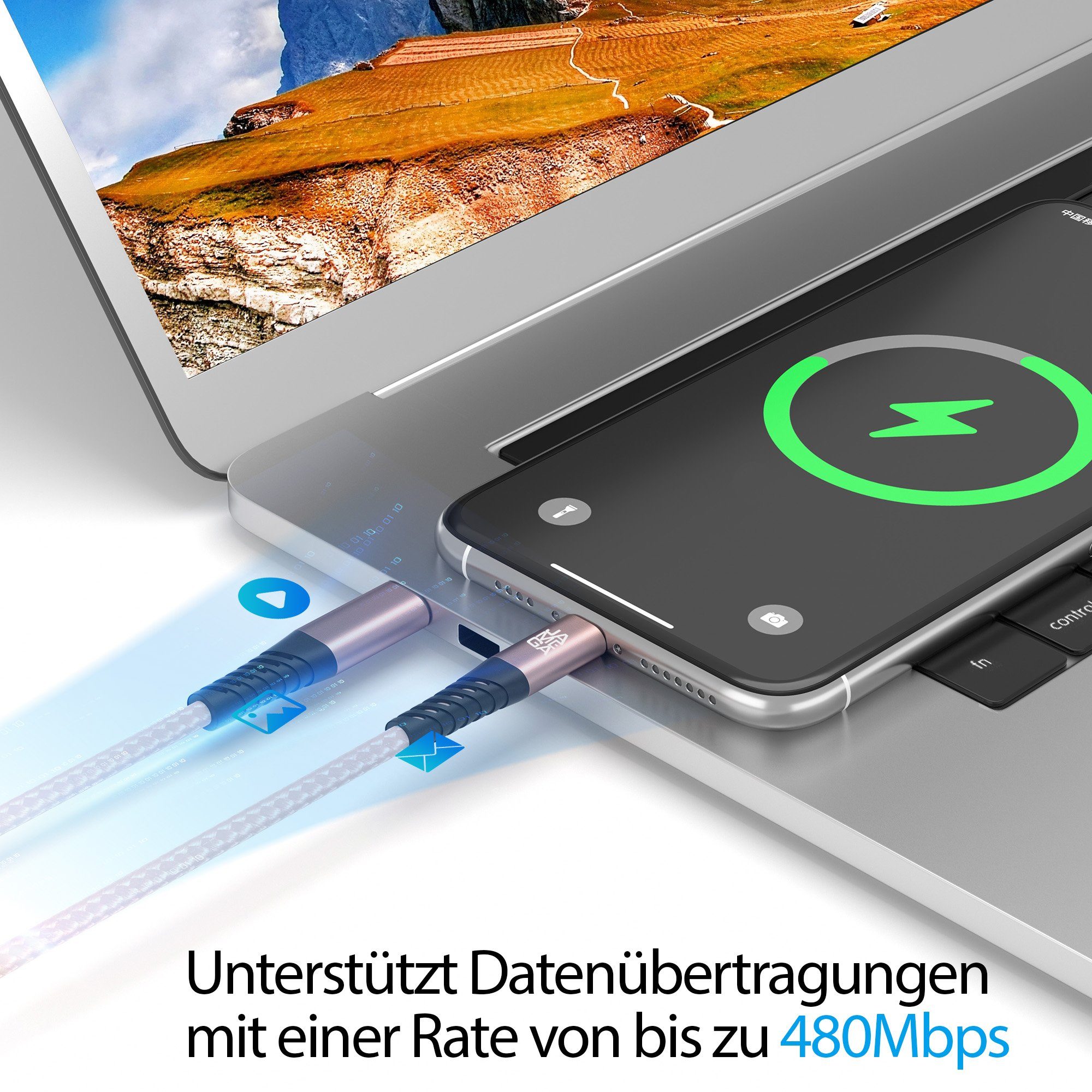 JAMEGA USB-C zu Iphone Kabel 480M 60W - verschiedene Farben - 0,5m - 3m USB-Kabel, USB Typ C, 8-Pin Stecker - kompatibel mit Iphone (300 cm) – Bild 4 von 5