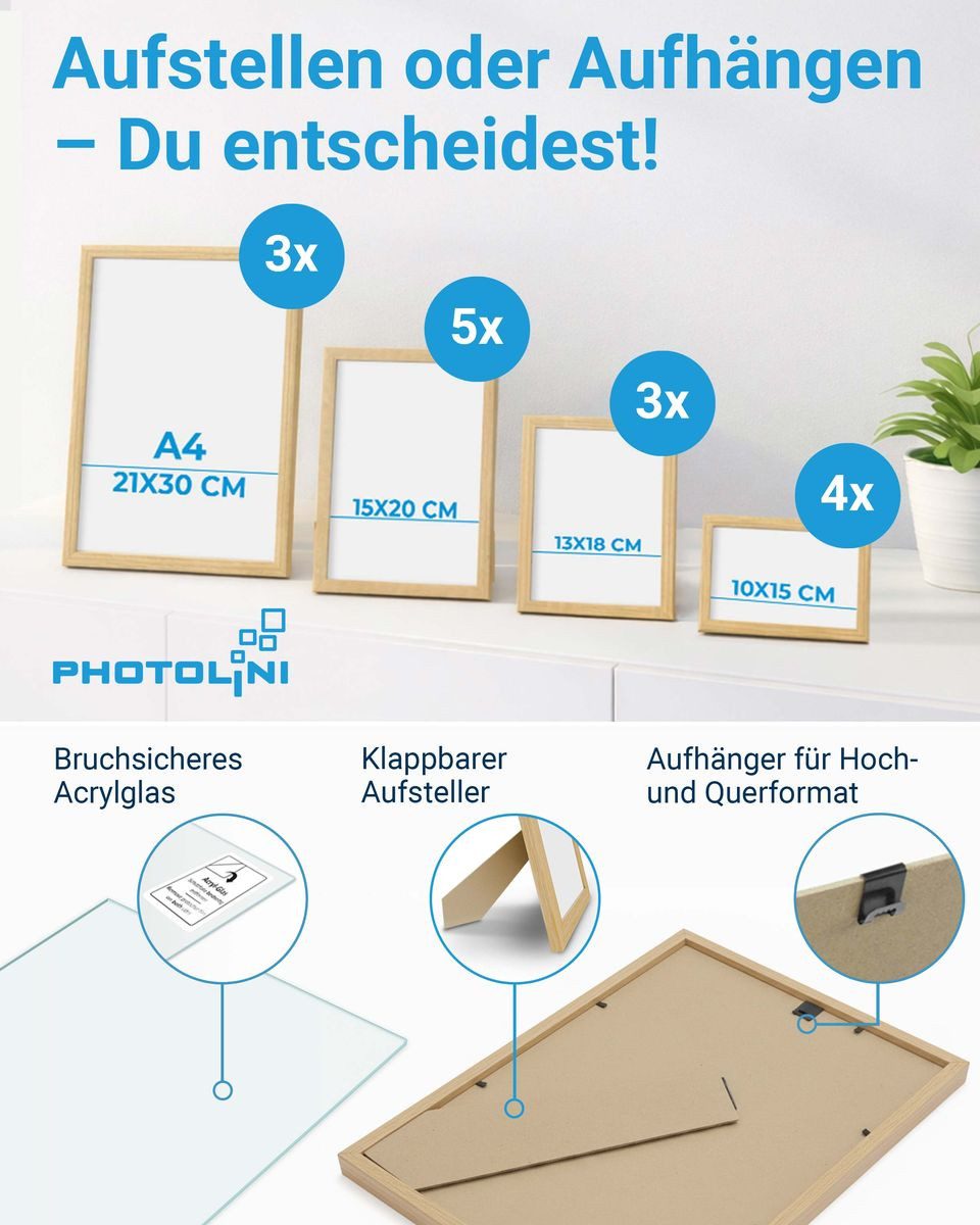 PHOTOLINI Bilderrahmen 15er Set No.2 Poster-Rahmen in verschiedenen Formaten für Einzelbilder, für 15 Bilder (15er Set No.2), MDF Holz, Acrylglas & Zubehör, Formate 10x15 bis A4 / 21x30 cm