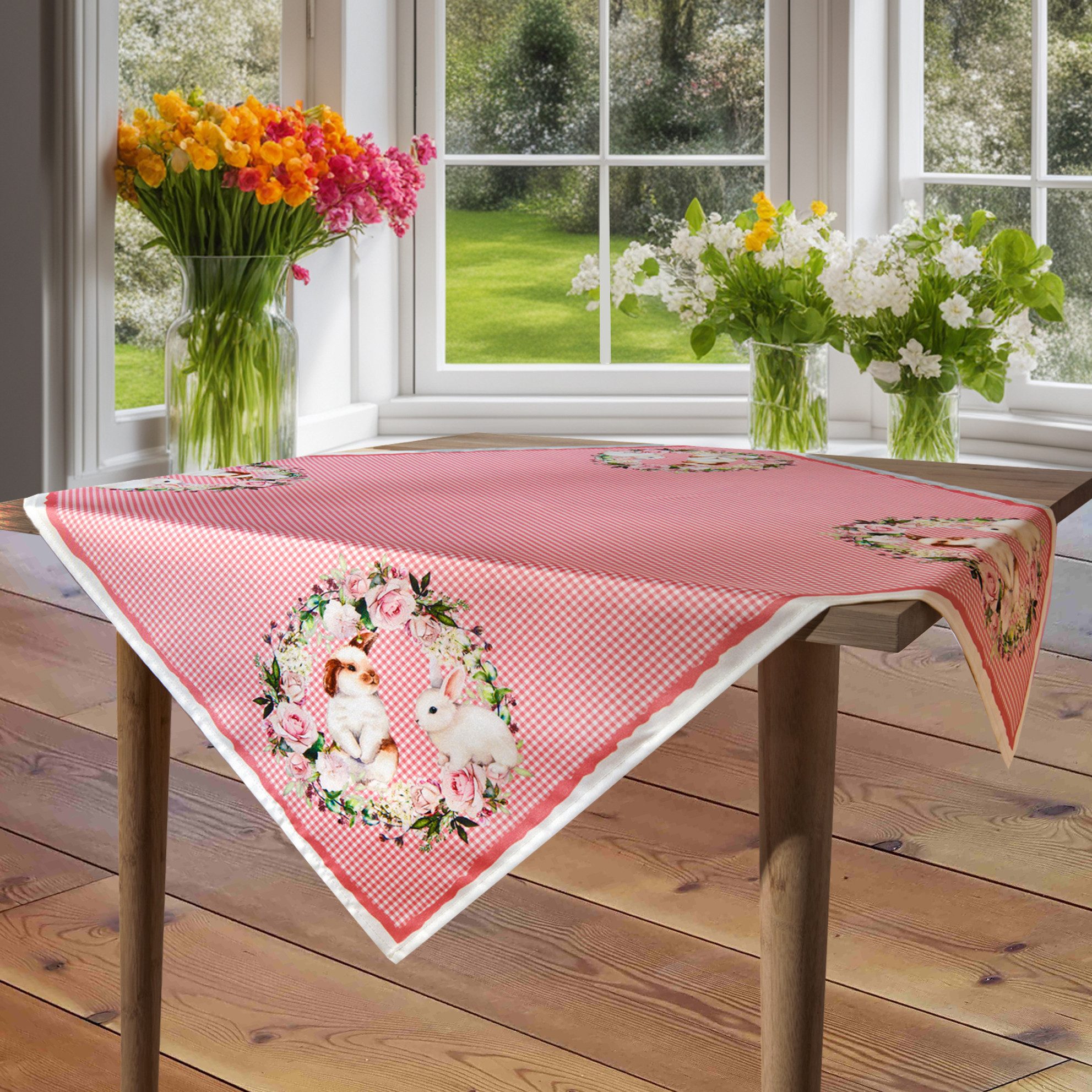 Delindo Lifestyle Mitteldecke Mitteldecke Häschen mit Rosen (1-tlg), glattes Gewebe mit Ostermotiv