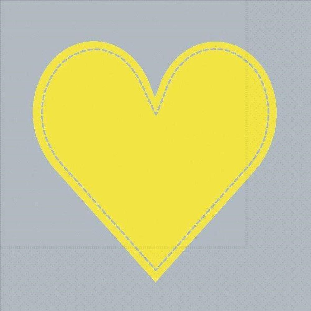 Paper+Design Papierserviette 20 COCKTAIL SERVIETTEN 25x25cm. Gelbes Herz auf grau HEART YELLOW/GREY