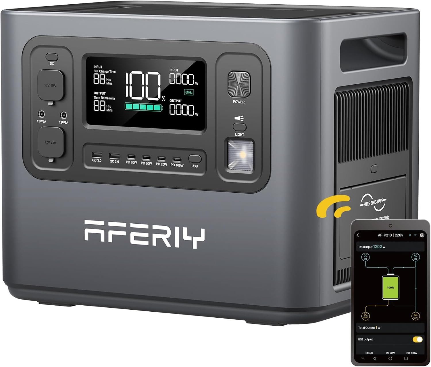 AFERIY Stromerzeuger 2400W Tragbare Powerstation, 2048Wh LiFePO4 Batterie, 2,4 in kW, 13 Anschlüsse, für Outdoors Camping