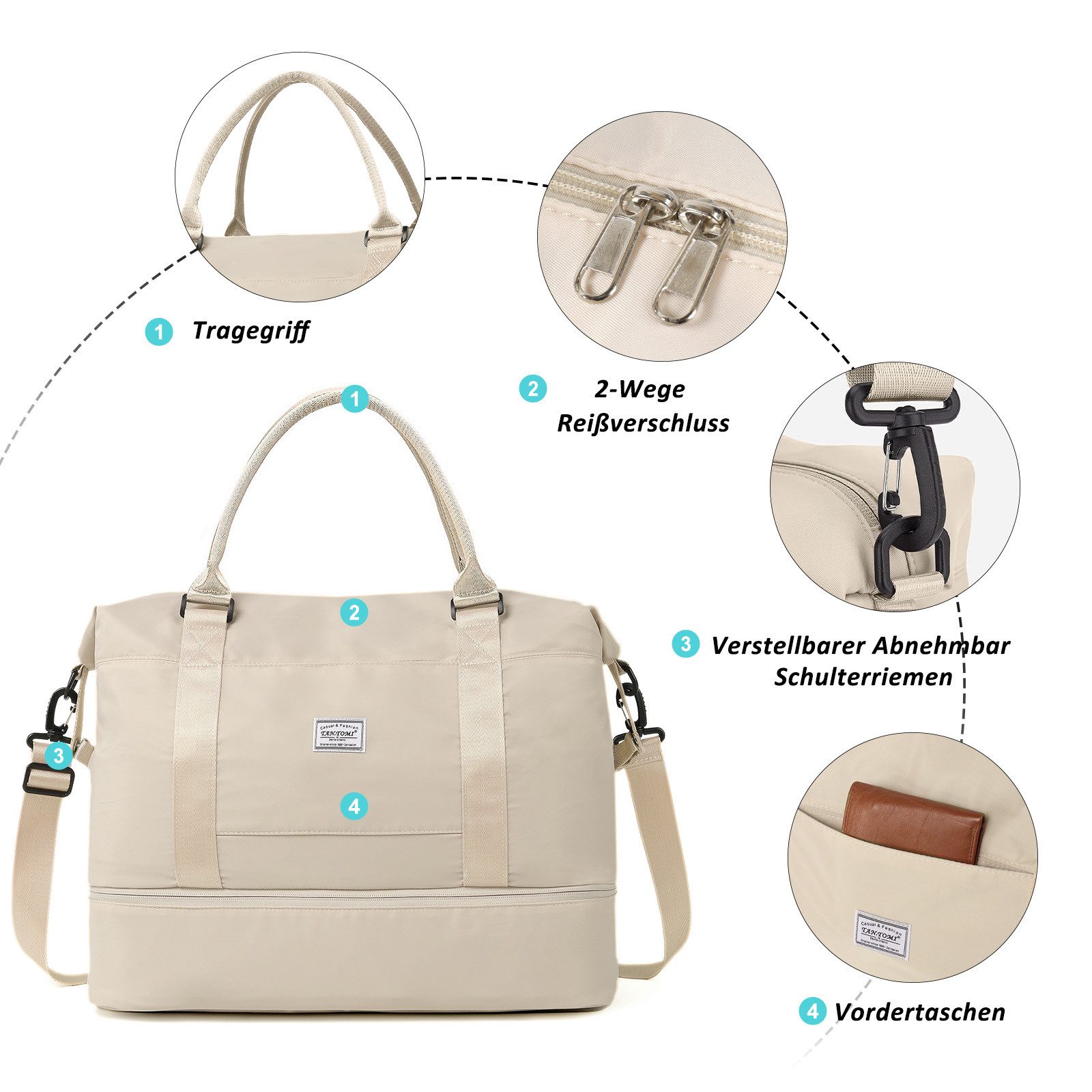 TAN.TOMI Reisetasche Wasserdichter Reise-Seesack - Tragetasche, Sporttasche, Schultertasche (Erweiterbar mit Trolley-Ärmel und Nasstasche), Wochenendtasche für Damen und Herren - Krankenhaus-Tasche