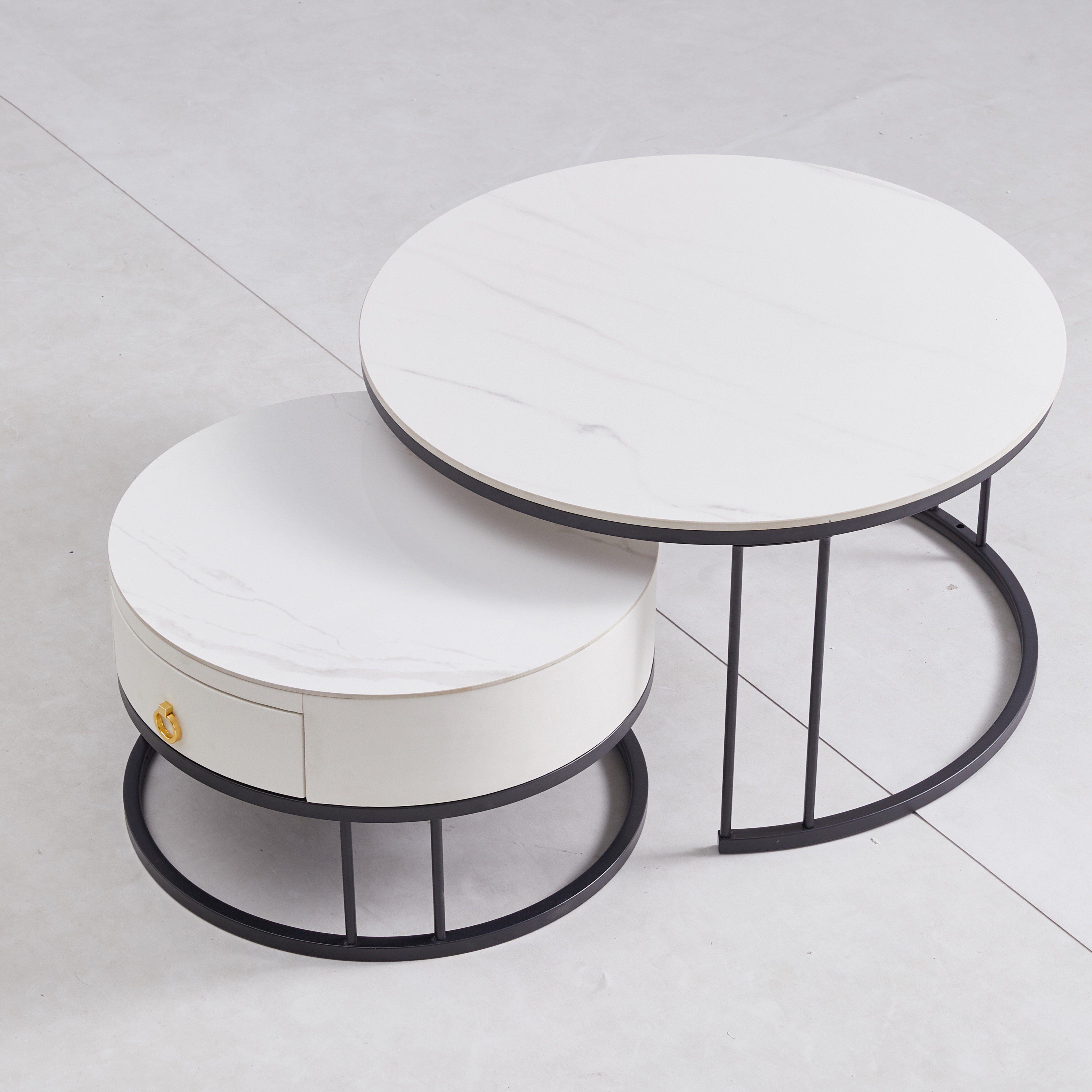 Set, WISHDOR Beistelltisch Couchtisch mit Keine Satztisch Kaffeetisch schwarz (2-teiliges Wohnzimmertisch Schiefer-Tischplatte, Lötstellenstruktur) Schublade