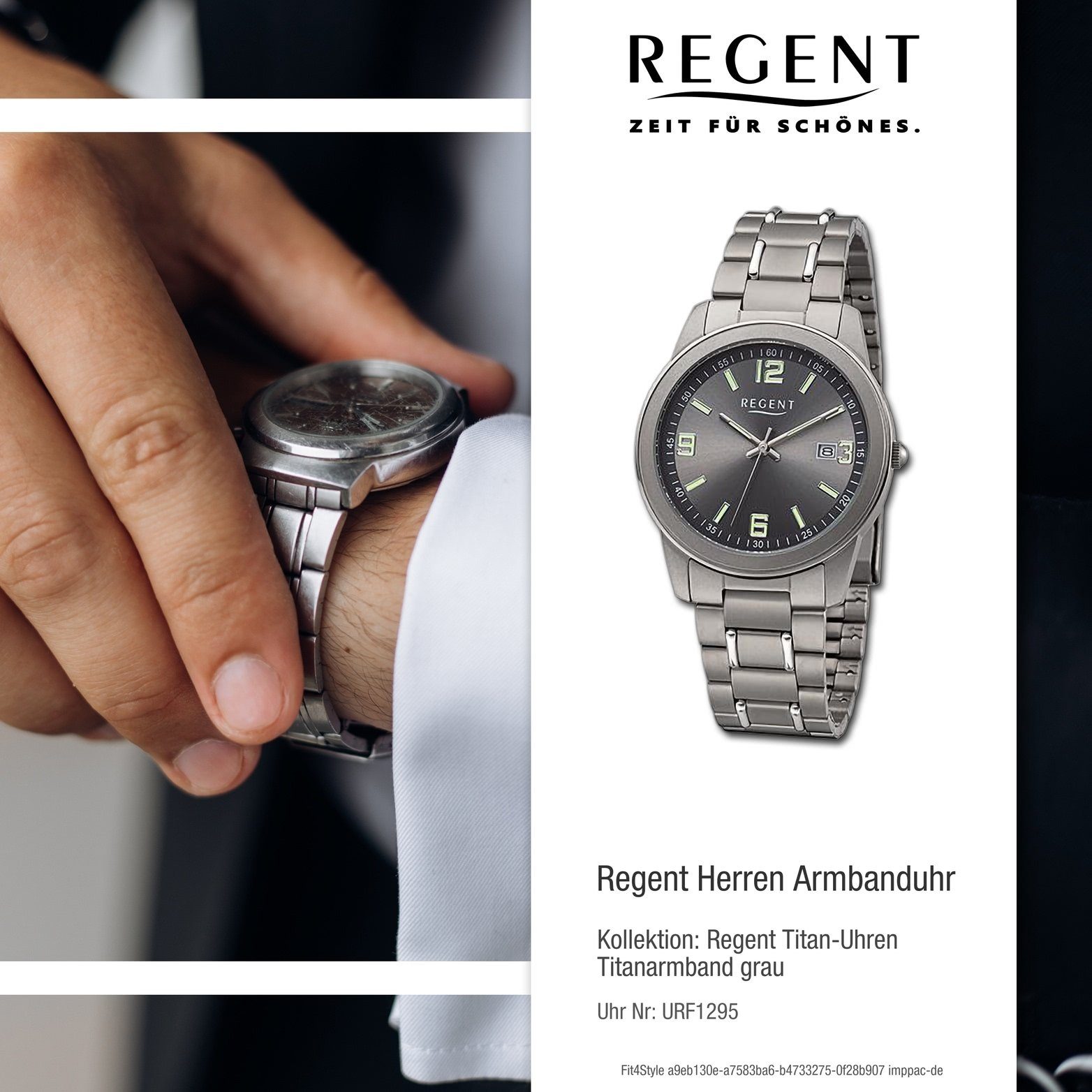 Regent Armbanduhr 38mm) Quarzuhr silber, Analog, grau, groß Herren (ca. rundes Herrenuhr Gehäuse, Regent Titanarmband
