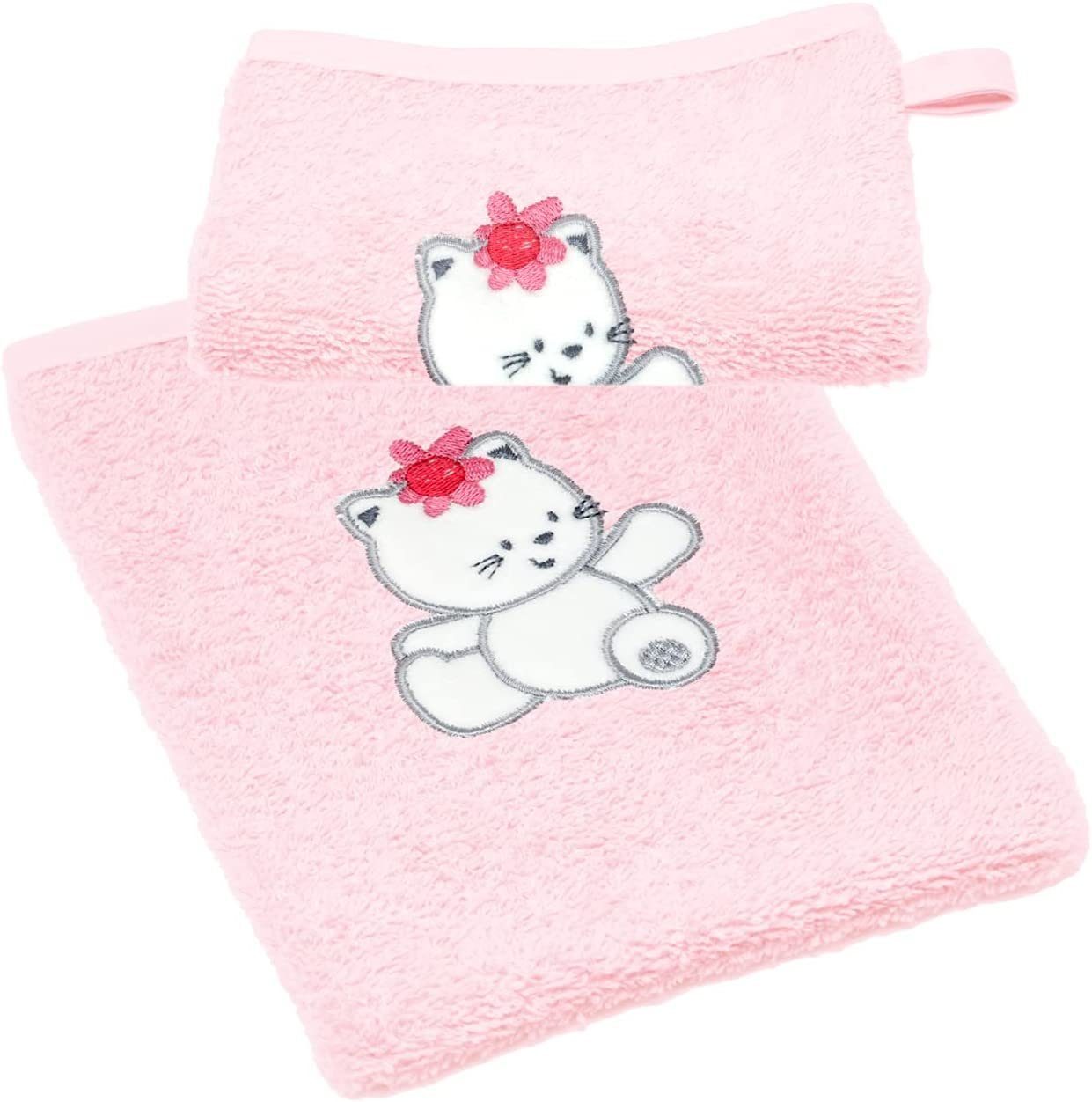 Baby Katze rosa 2-tlg), (Set, cm Lashuma Waschhandschuh Handtuchset besticktes 15x21